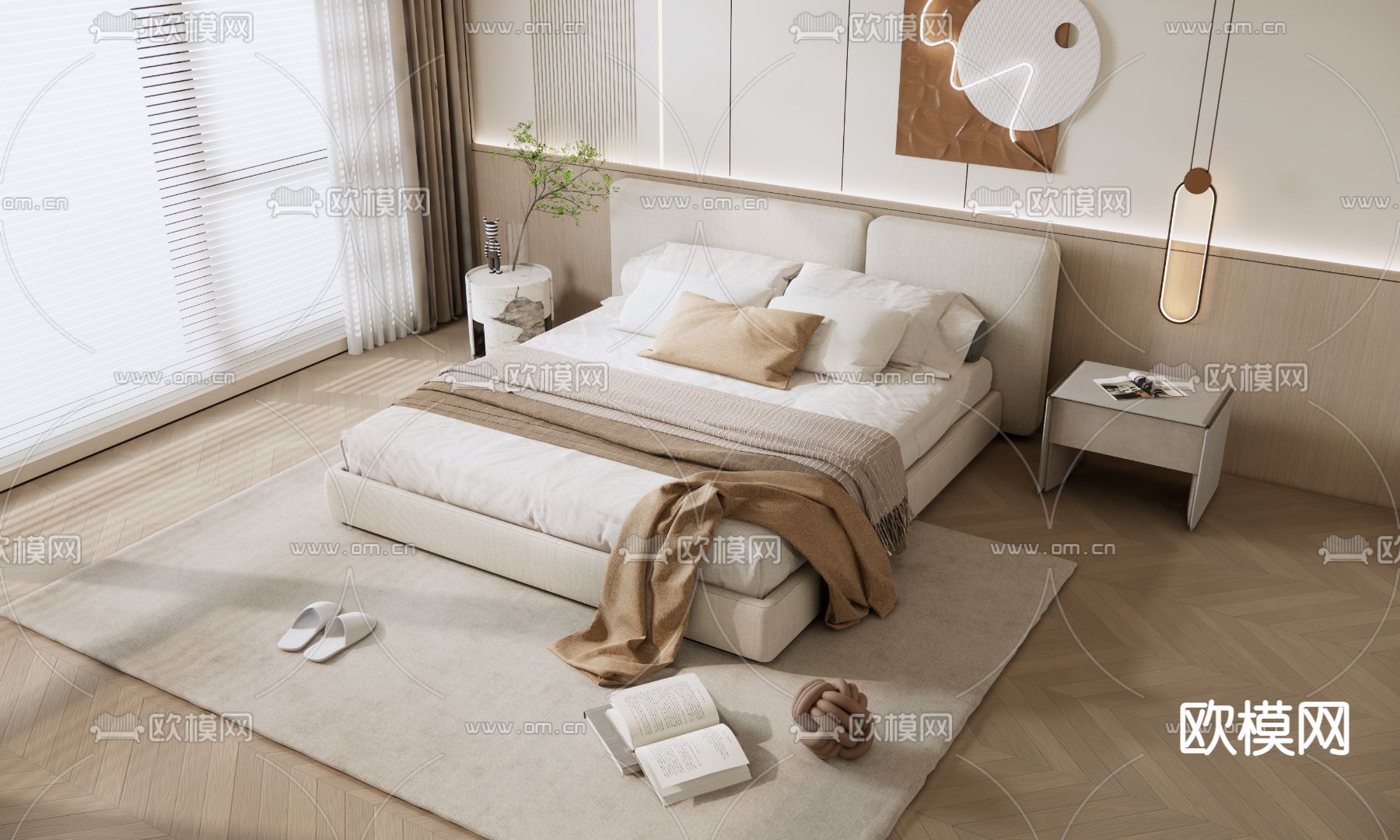 奶油风布艺双人床su模型下载（渲染图1）