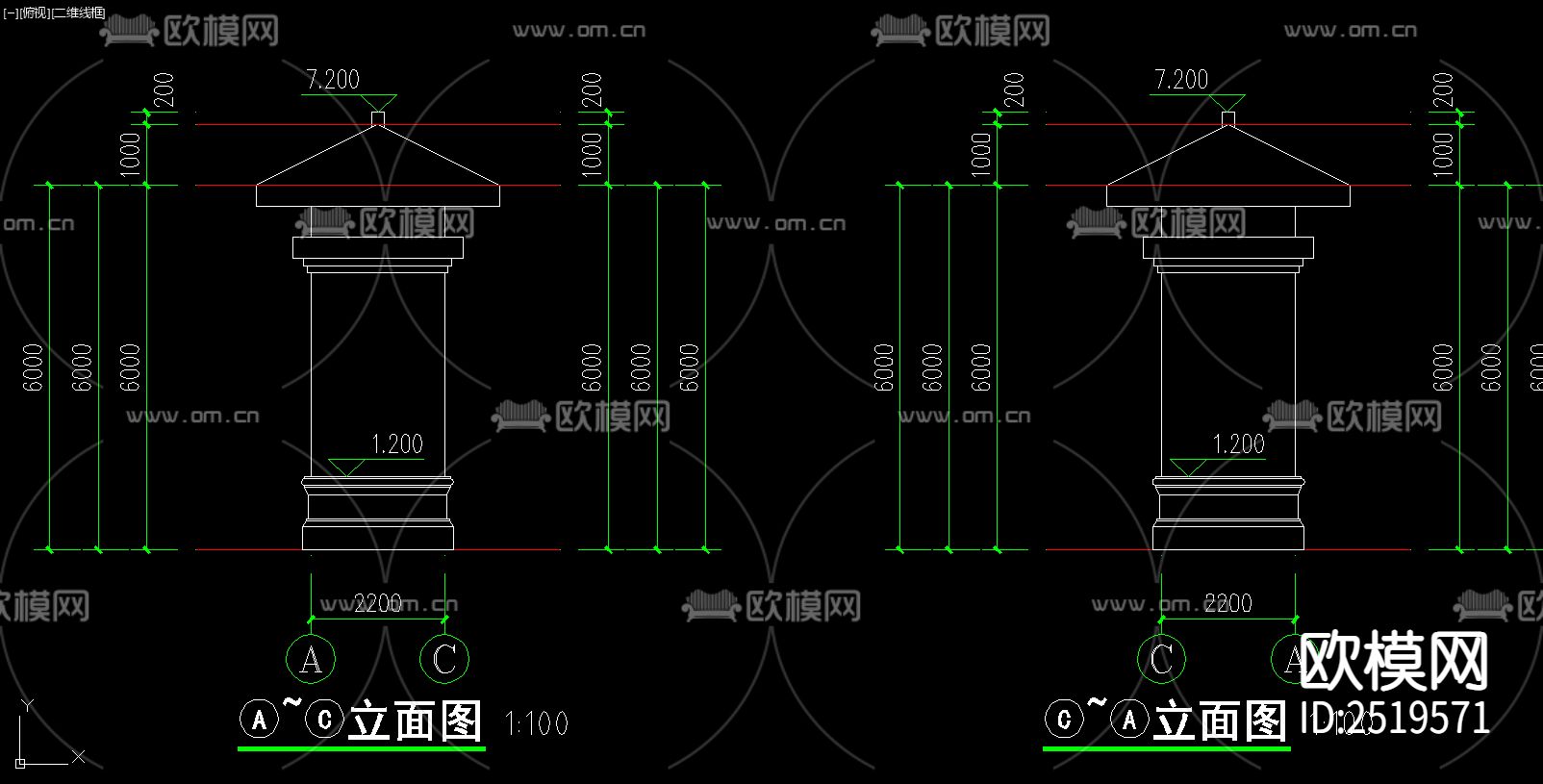 新中式门楼设计cad施工图下载（渲染图7）