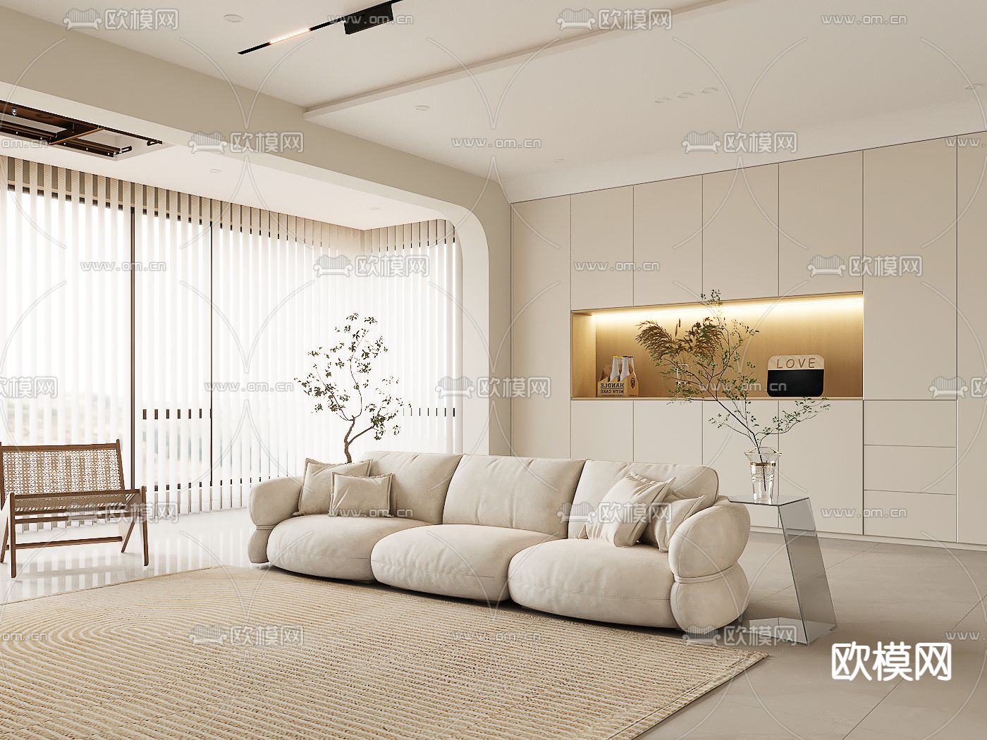 奶油风沙发 多人沙发3d模型下载