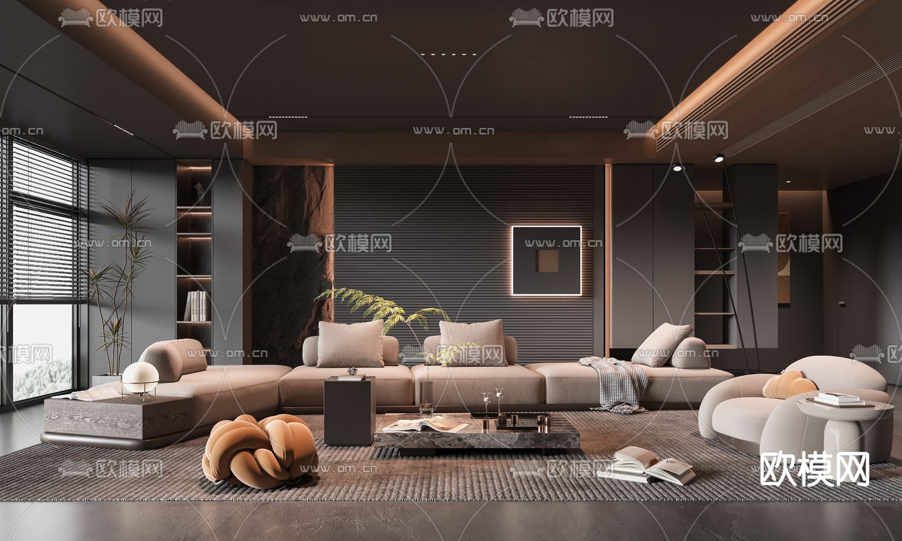 暗黑风客厅3d模型下载（渲染图1）