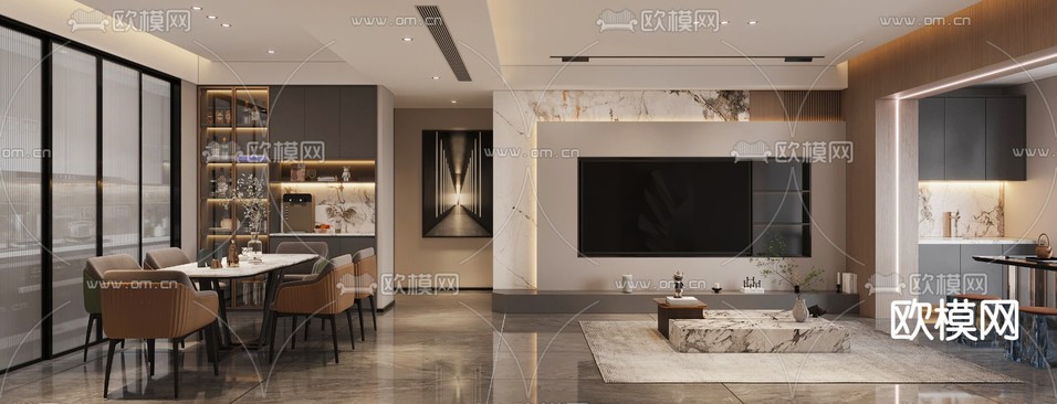 现代客餐厅免费3d模型下载(渲染图2)