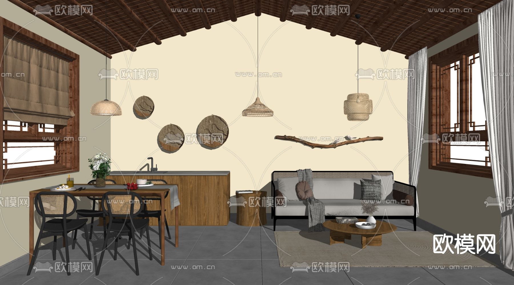 侘寂民宿餐厅su模型下载（渲染图2）