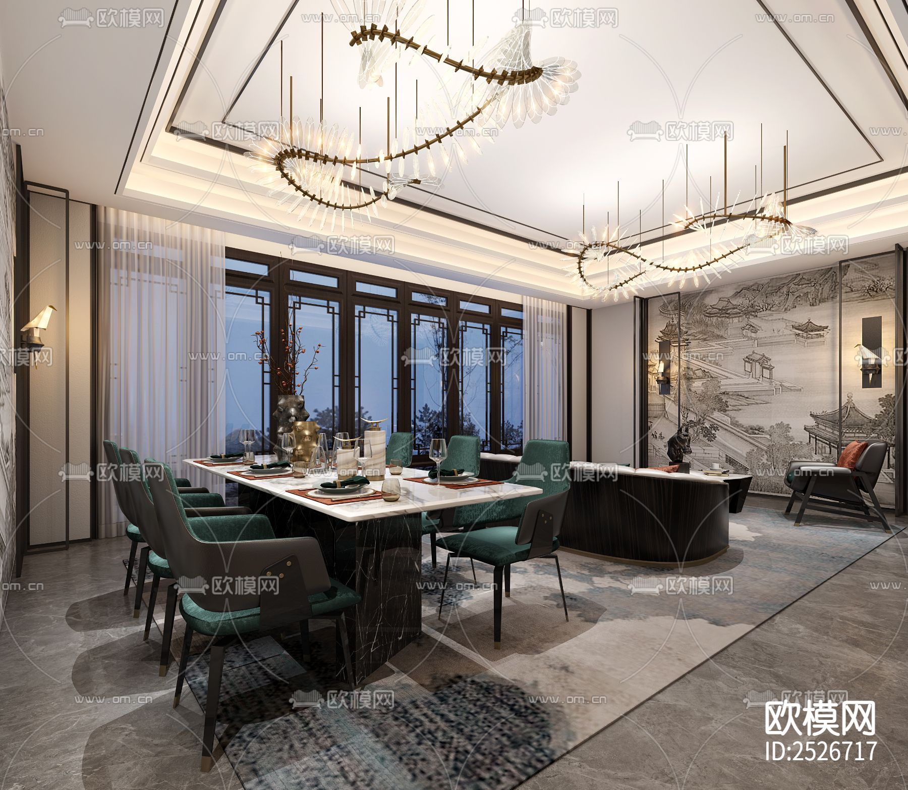 新中式家装大平层CAD施工图下载（渲染图3）