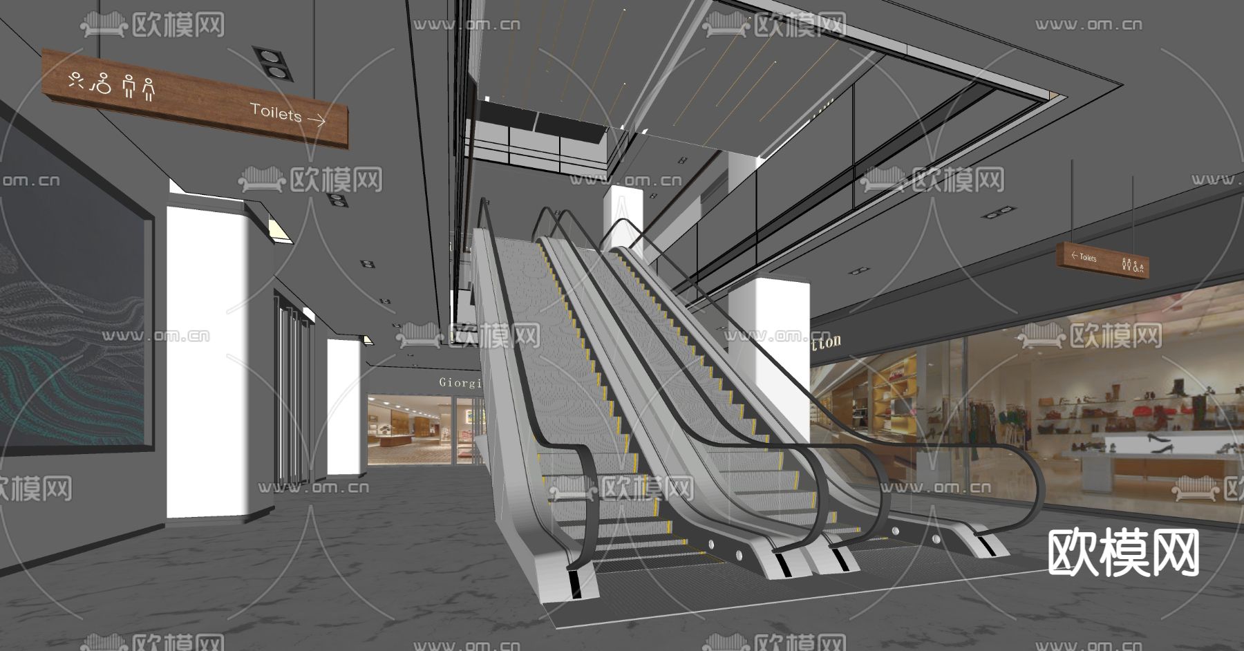现代商场过道 扶手电梯su模型下载（渲染图2）