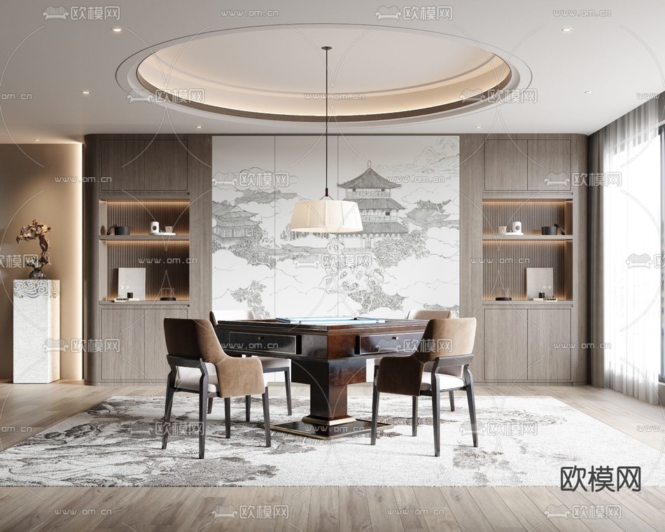 新中式麻将室 娱乐室3d模型下载_ID13034431_3dmax免费模型-欧模网