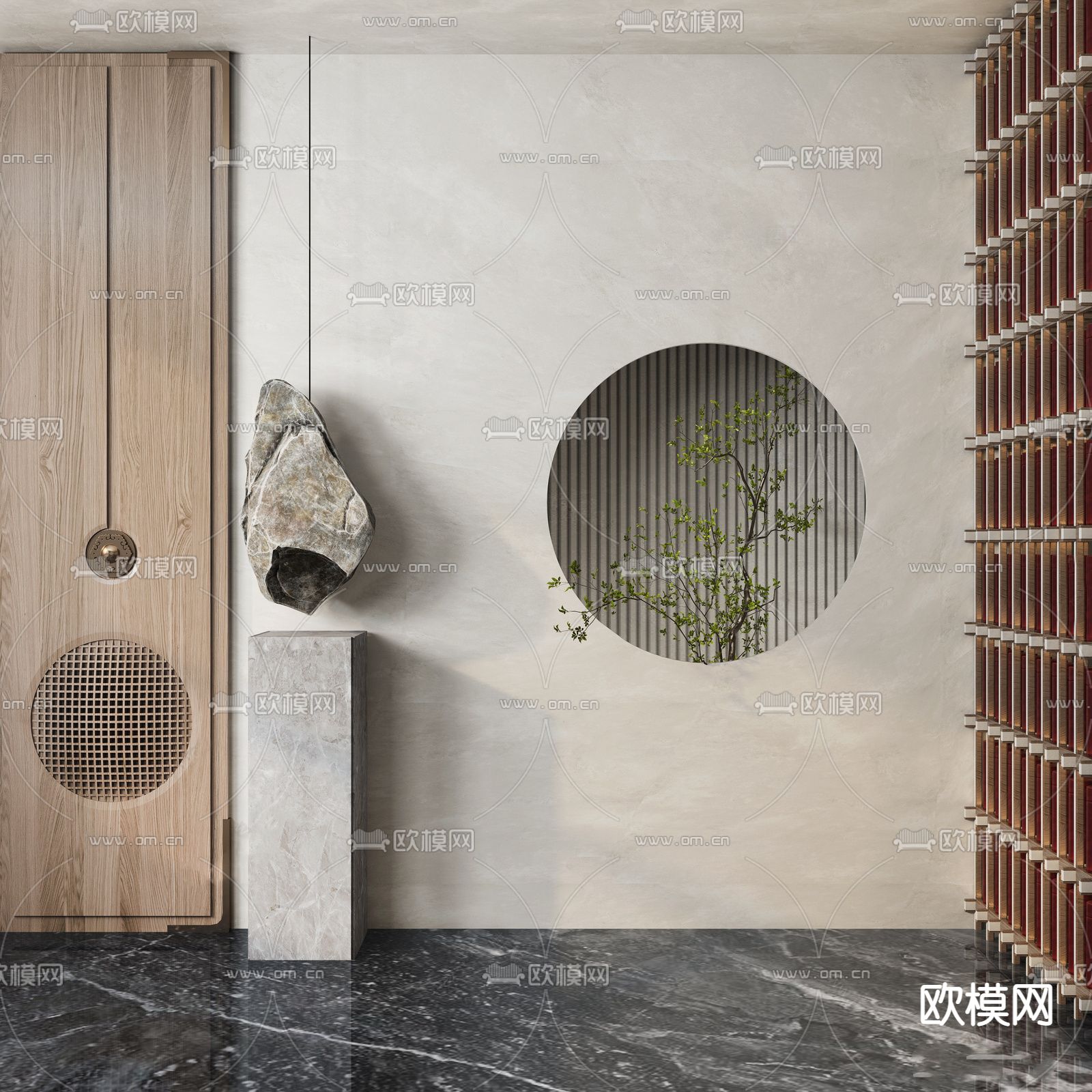 侘寂风玄关背景墙su模型下载（渲染图1）