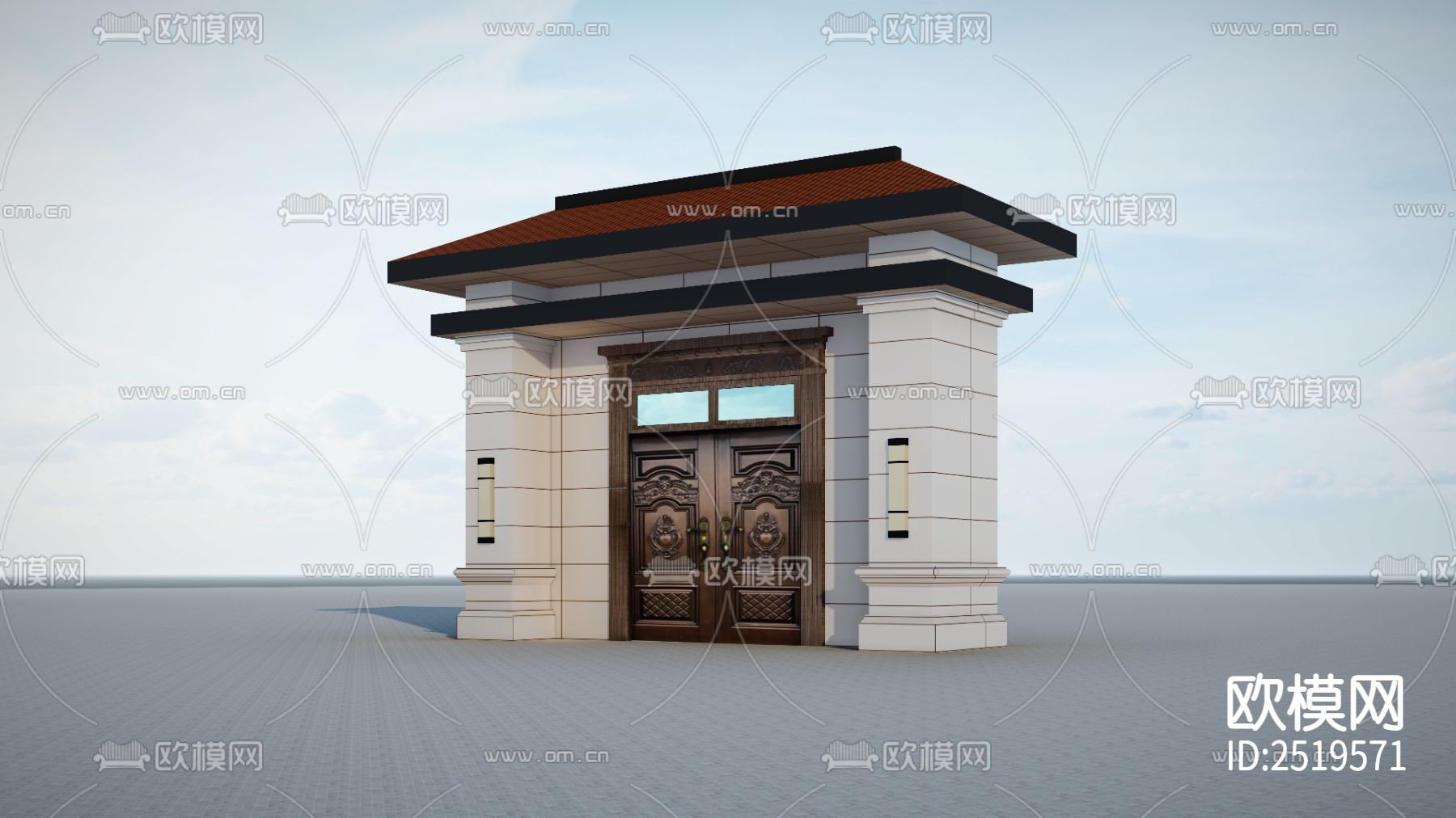 新中式门楼设计cad施工图下载（渲染图9）