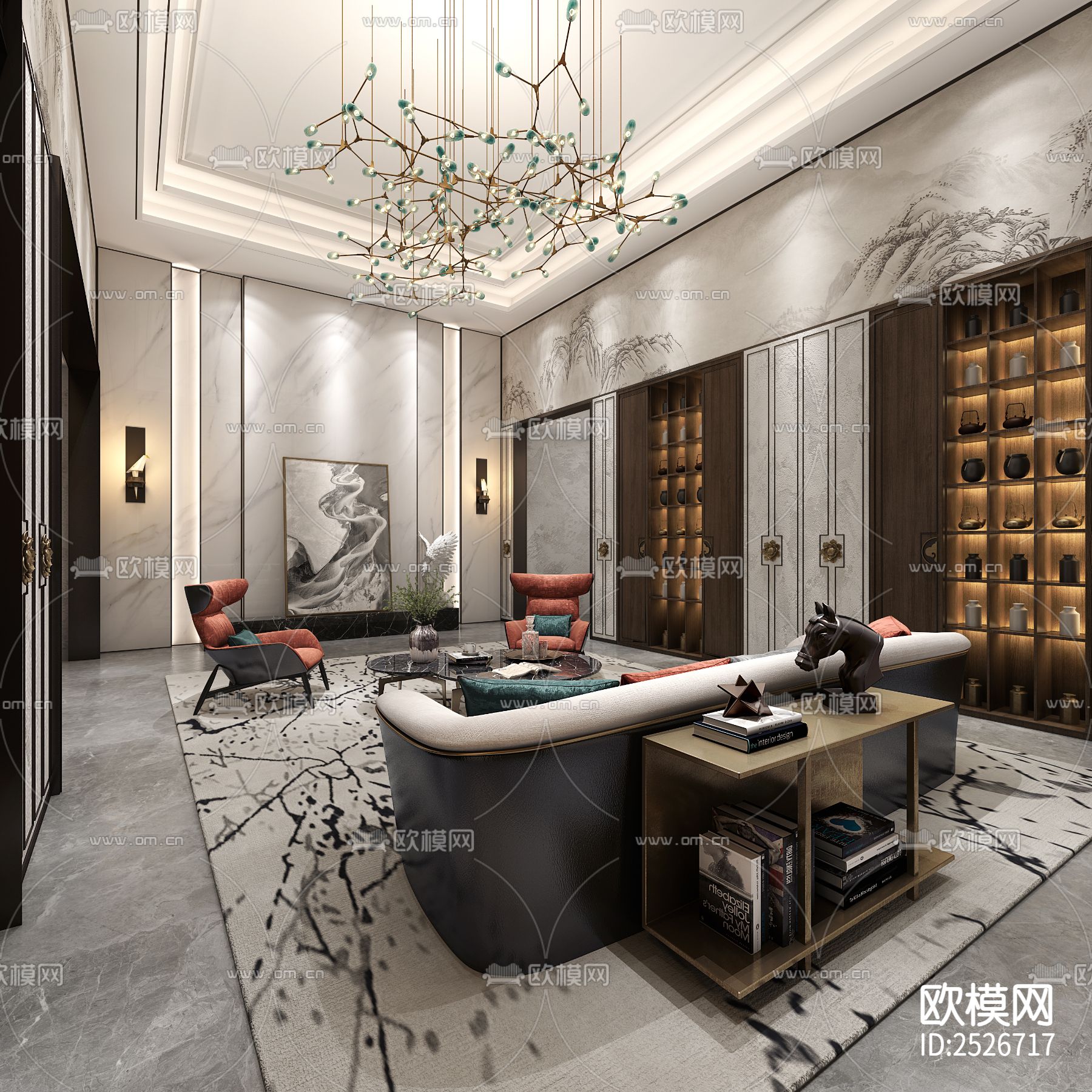 新中式家装大平层CAD施工图下载（渲染图7）