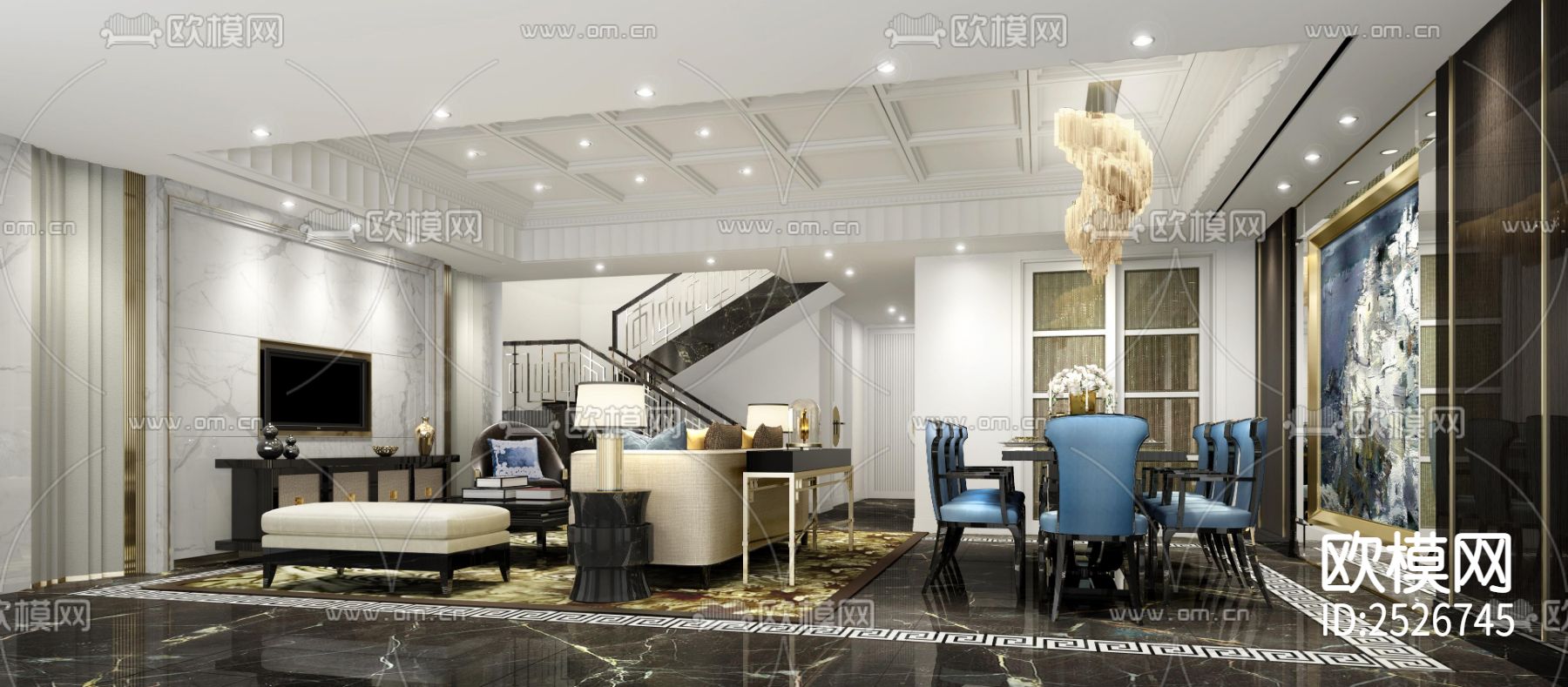 欧式家装大平层CAD施工图下载（渲染图4）