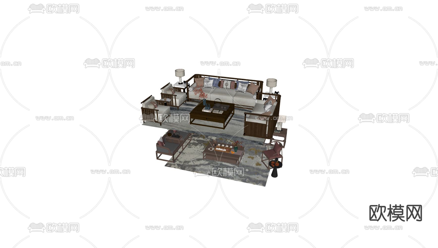 新中式组合沙发su模型下载（渲染图2）