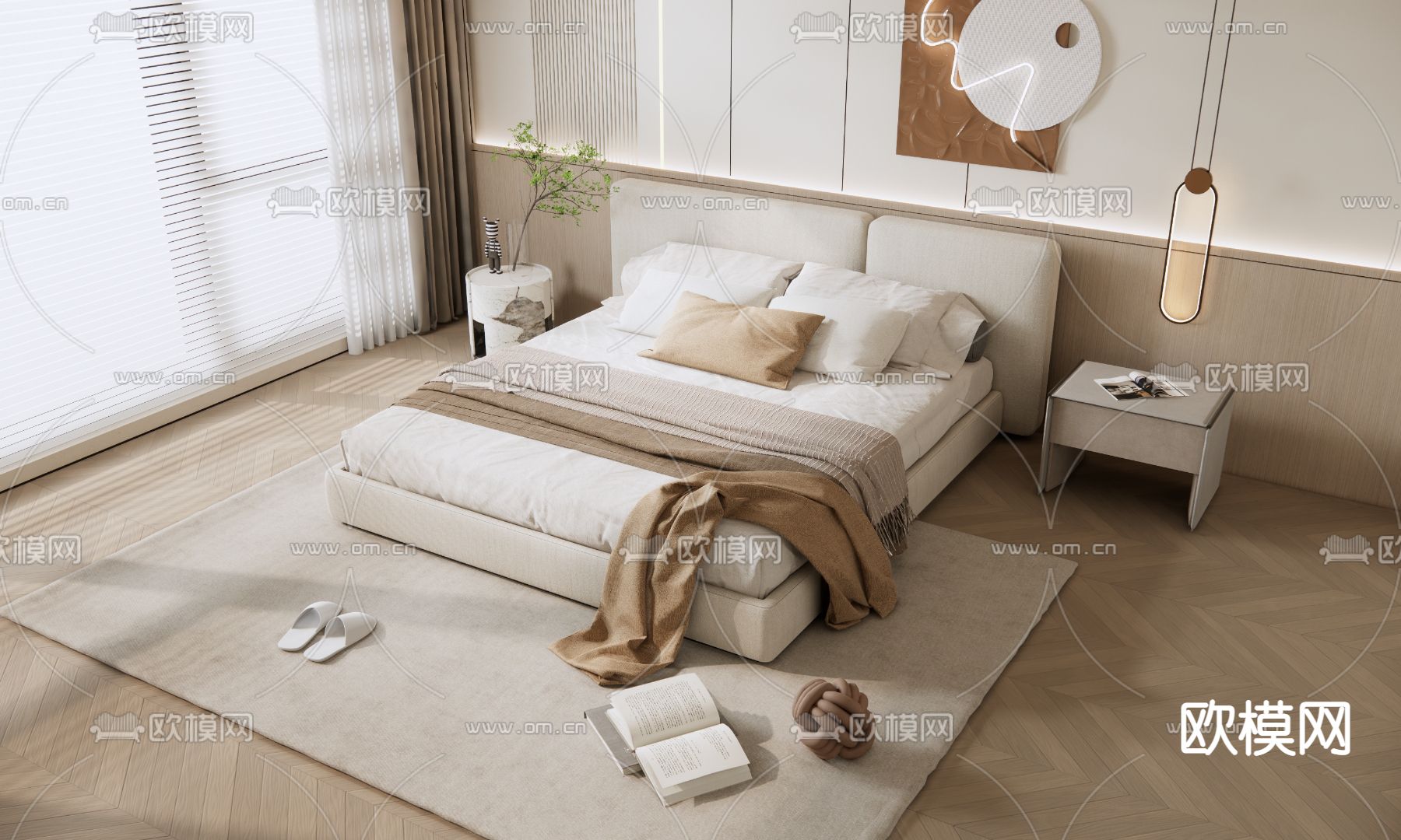 奶油风双人床3d模型下载