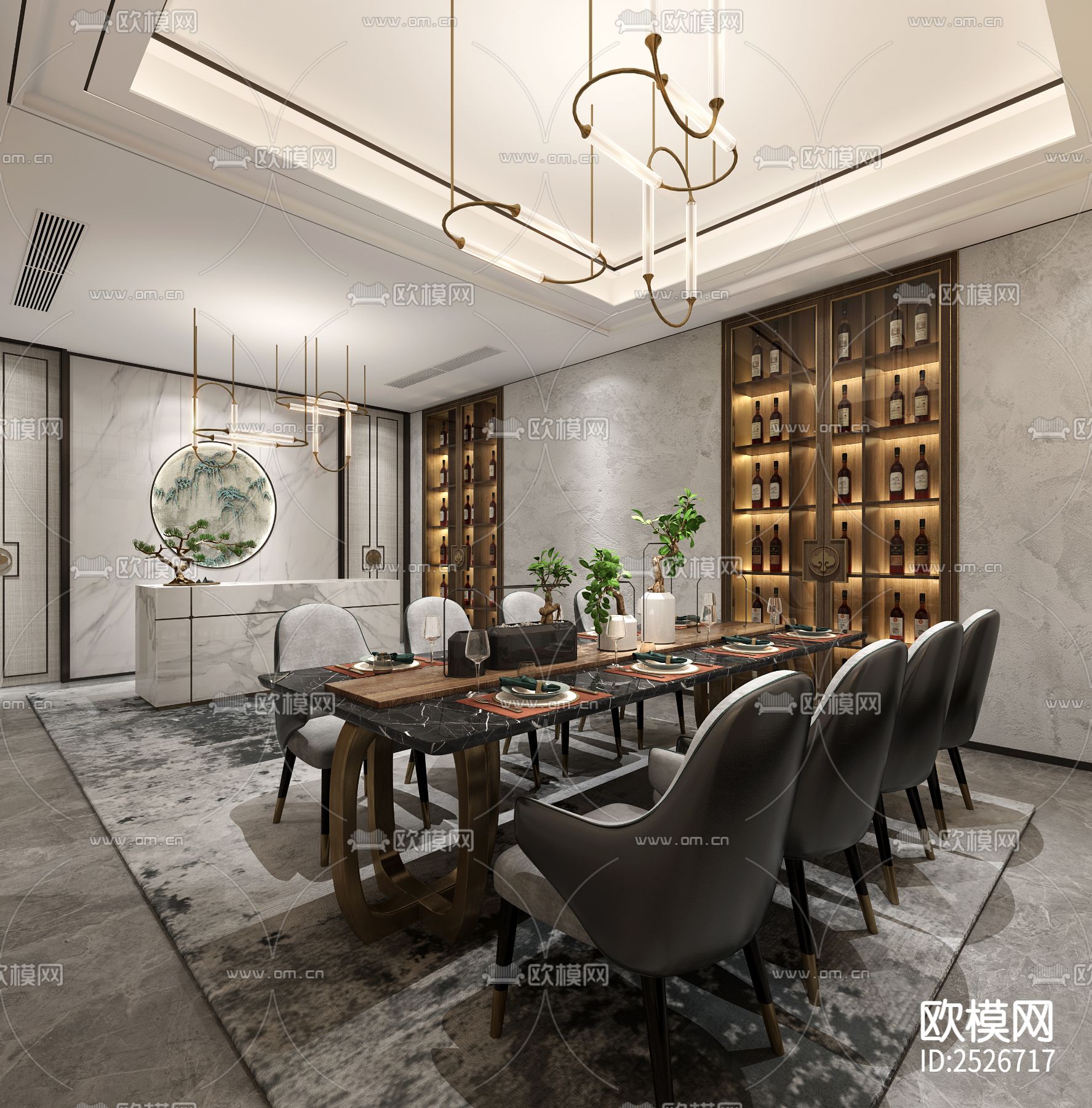 新中式家装大平层CAD施工图下载（渲染图6）