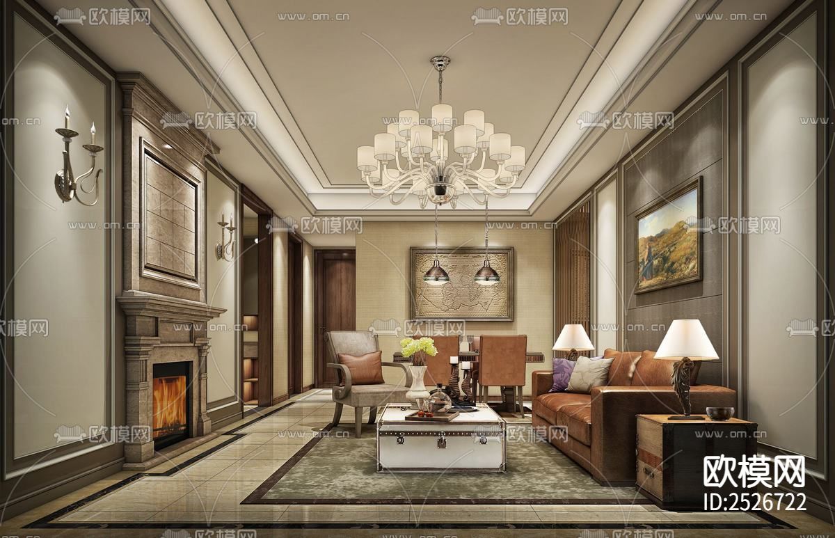 美式家装大平层CAD施工图下载（渲染图3）