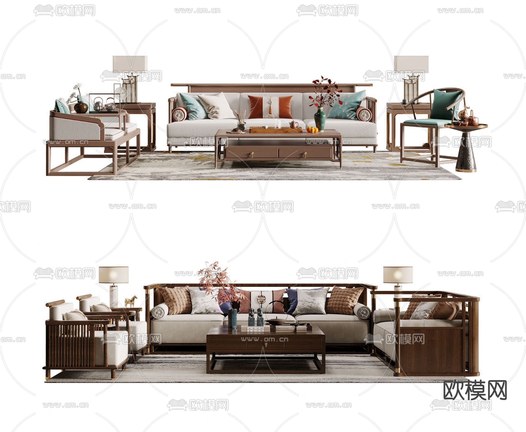 新中式组合沙发su模型下载（渲染图1）