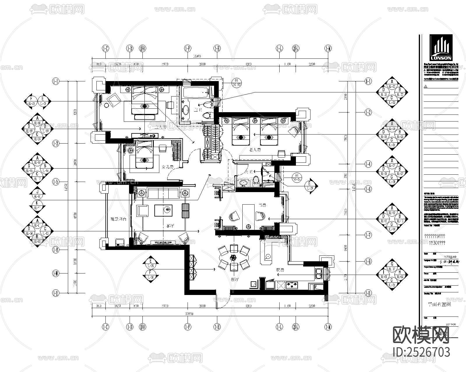 美式家装大平层CAD施工图下载（渲染图1）