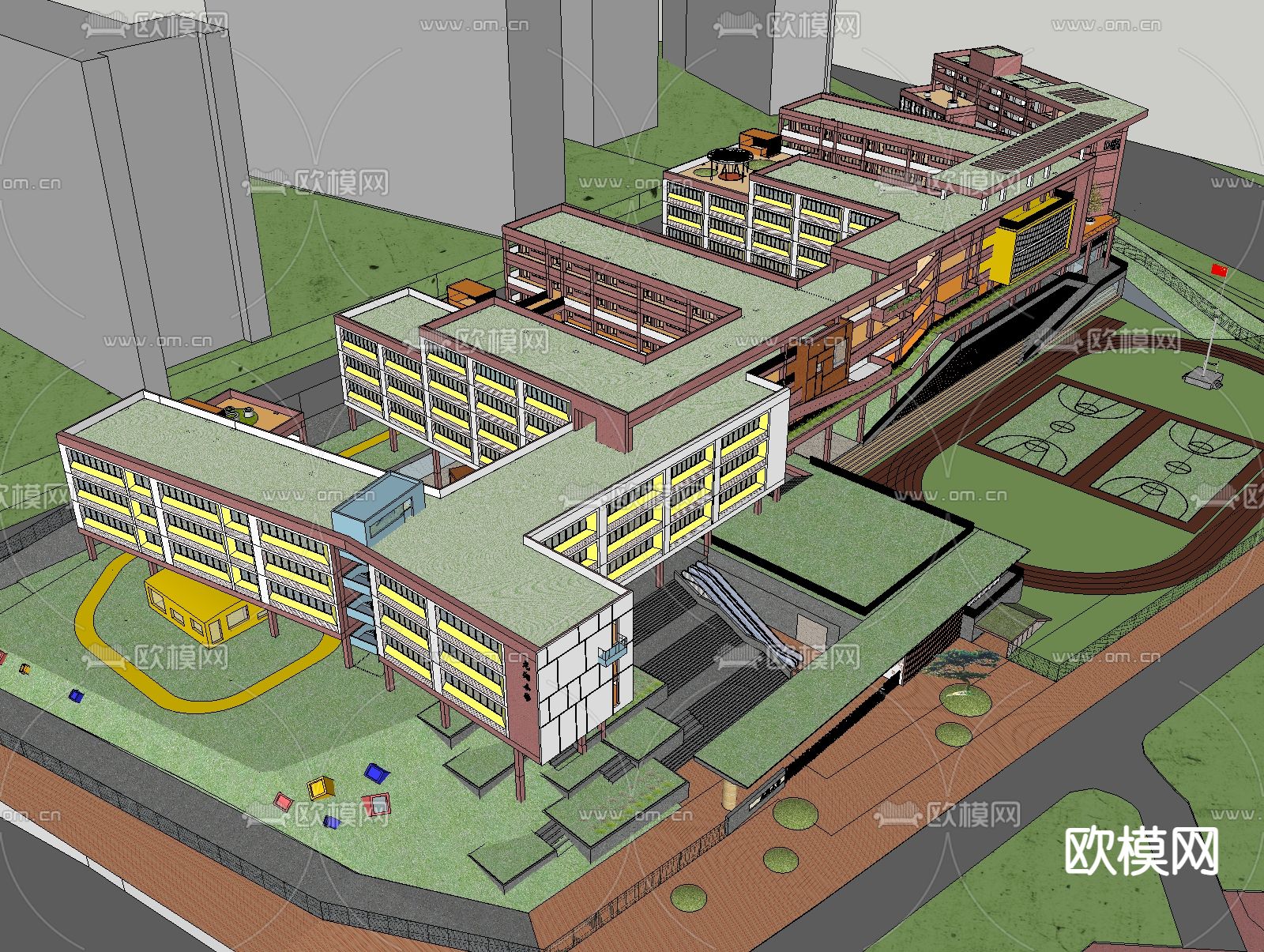 文教学校 小学教学楼su模型下载（渲染图2）