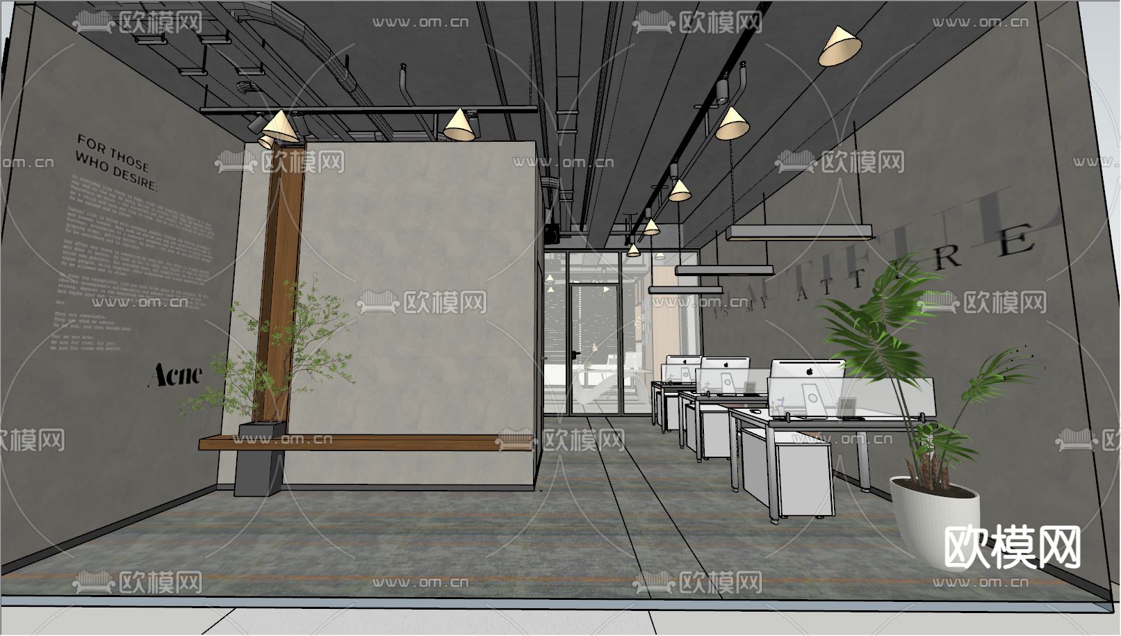 工业风办公室 敞开式办公区 su模型下载（渲染图2）