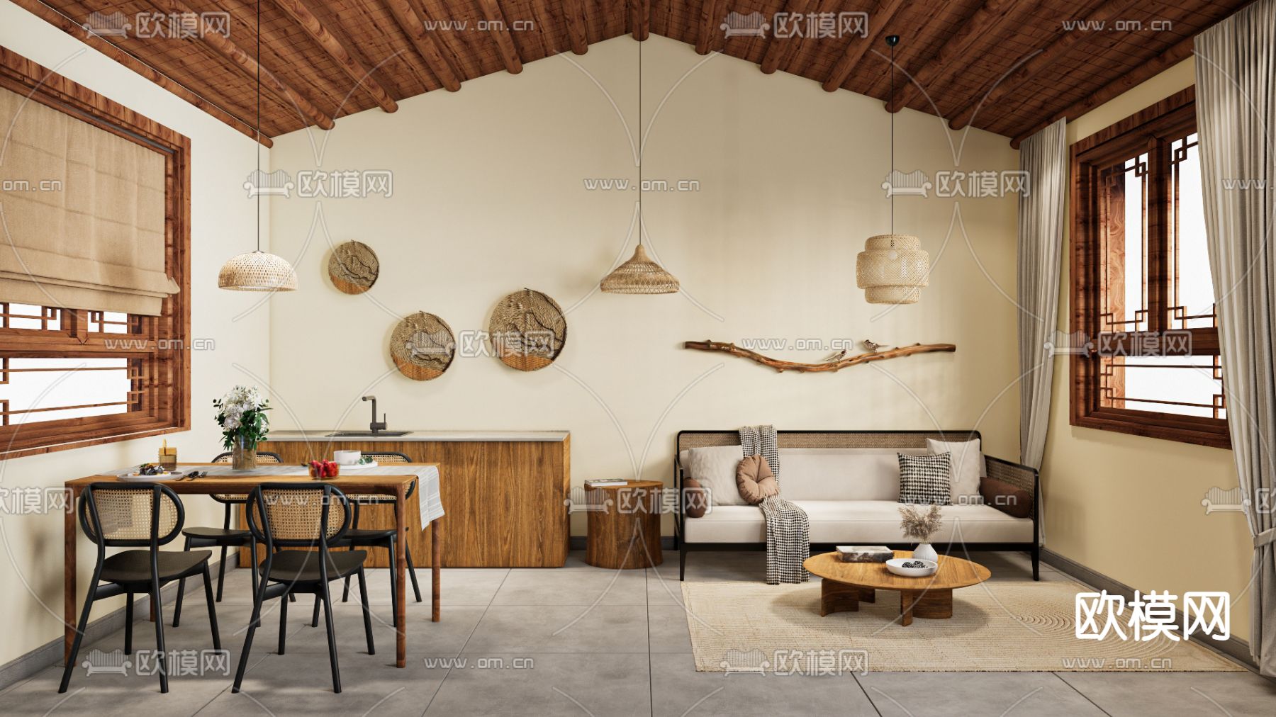 侘寂民宿餐厅su模型下载（渲染图1）