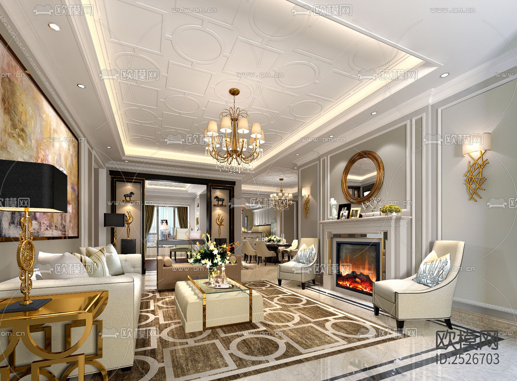 美式家装大平层CAD施工图下载（渲染图4）