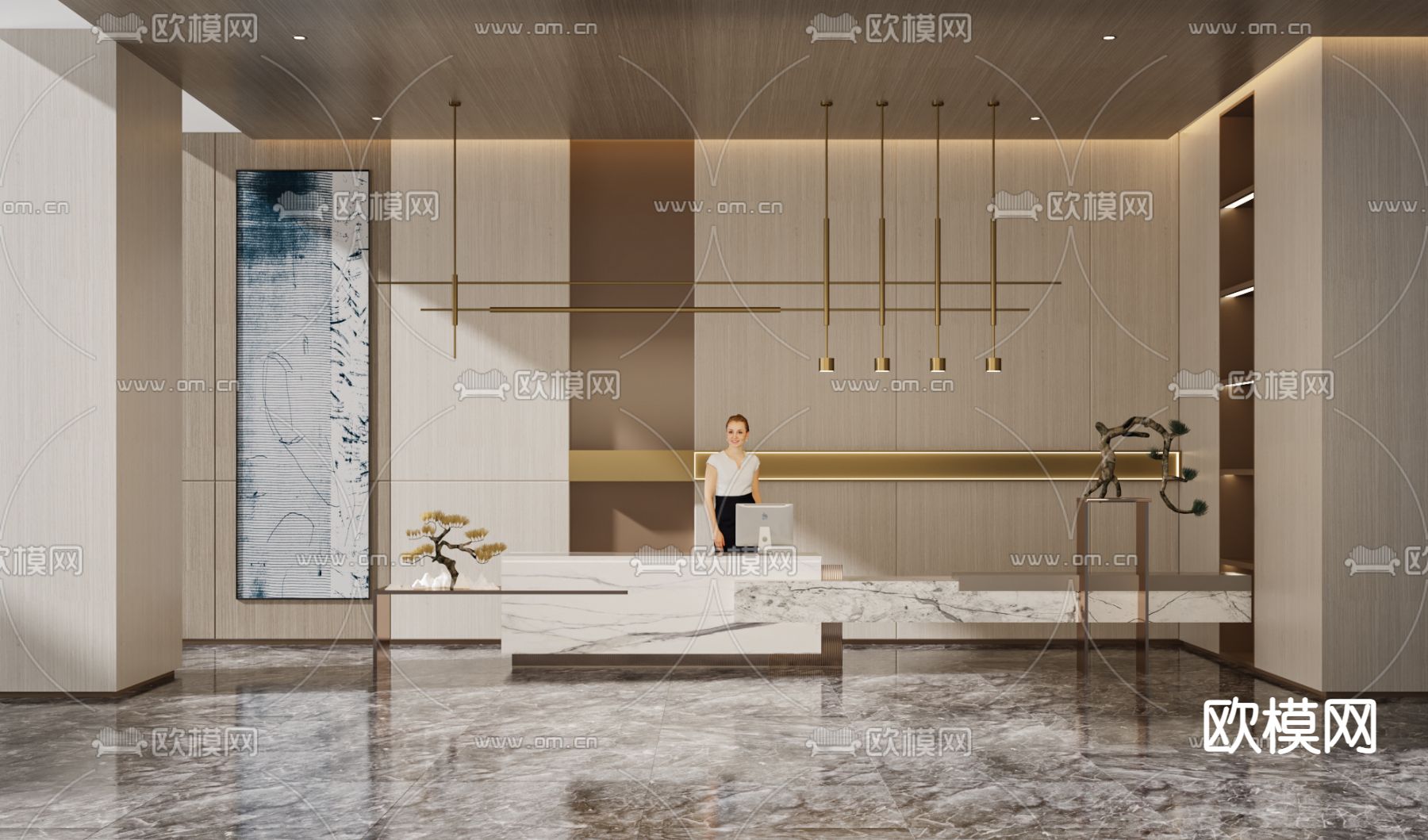 新中式前台接待3d模型下载