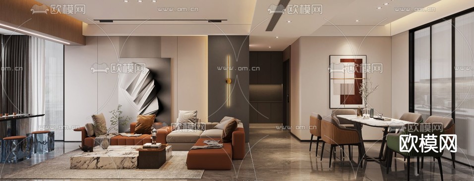 现代客餐厅免费3d模型下载(渲染图1)