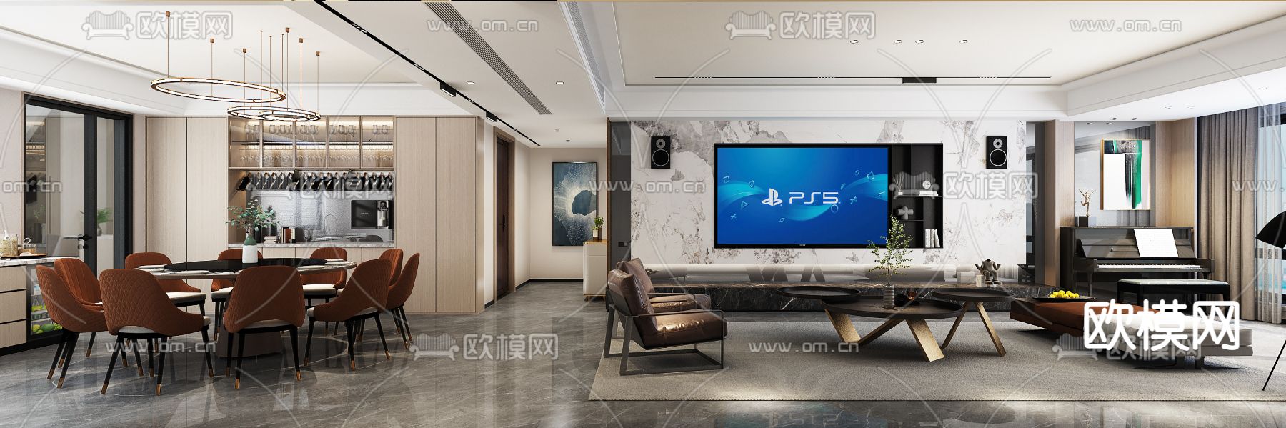 现代客餐厅免费3d模型下载（渲染图2）