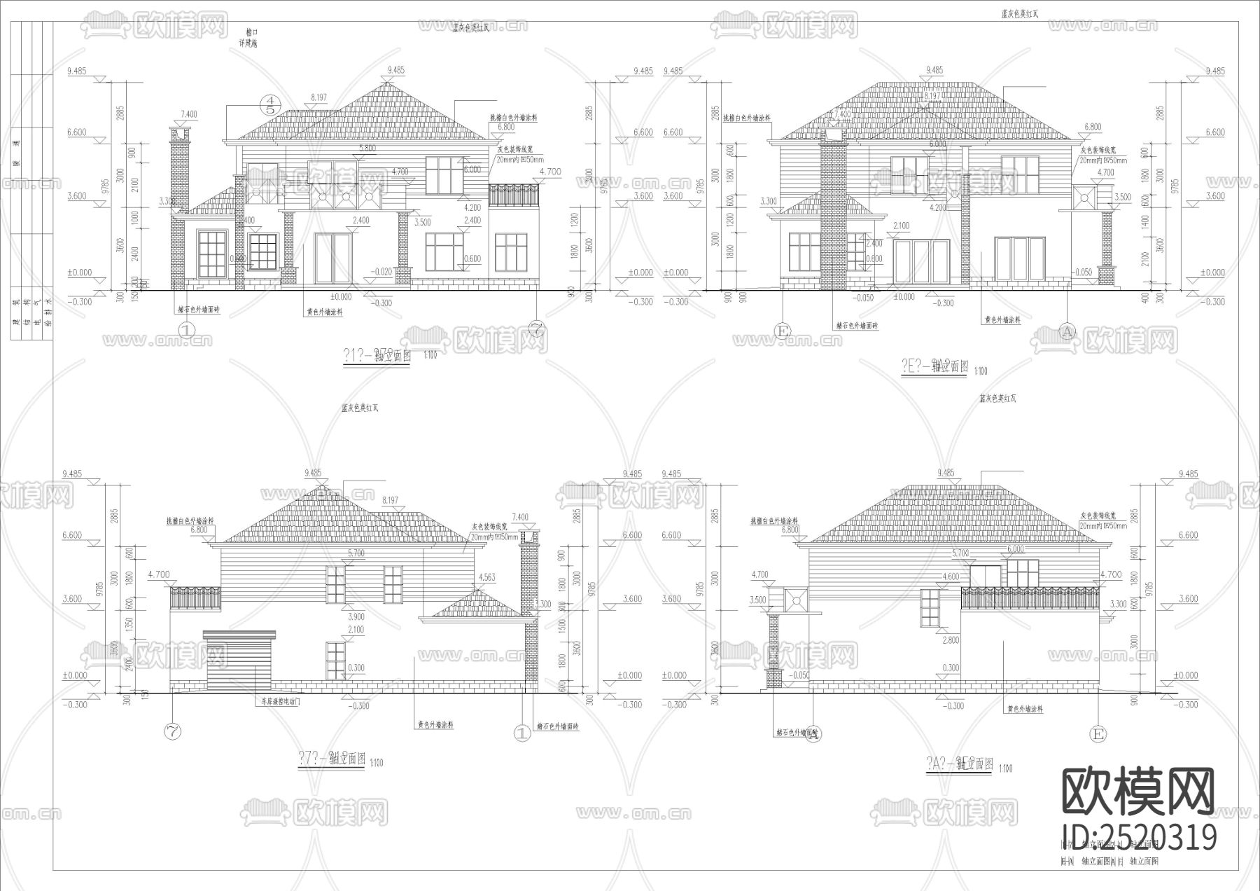 法式三百平双层别墅建筑cad施工图下载（渲染图4）