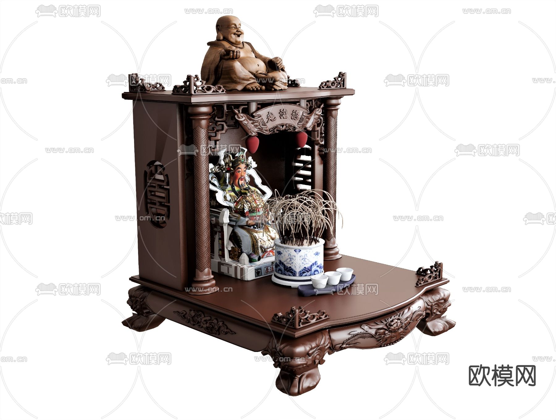 中式佛像 弥勒佛 关老爷 佛龛su模型下载（渲染图1）