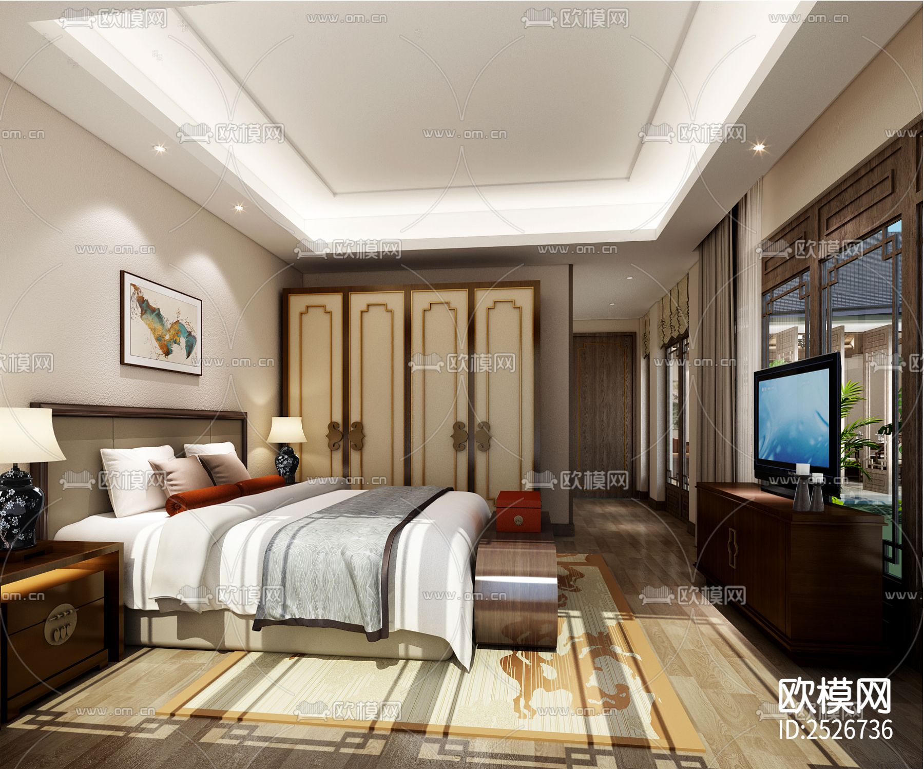 中式家装大平层CAD施工图下载（渲染图2）