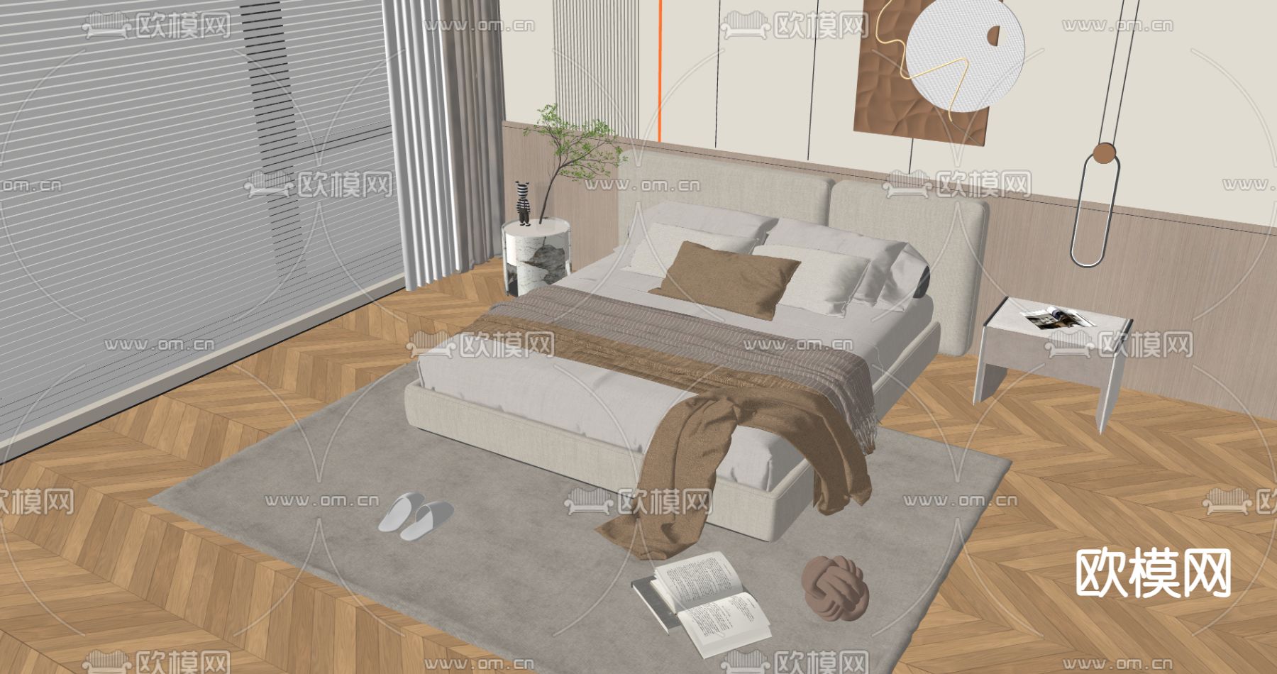 奶油风布艺双人床su模型下载（渲染图2）