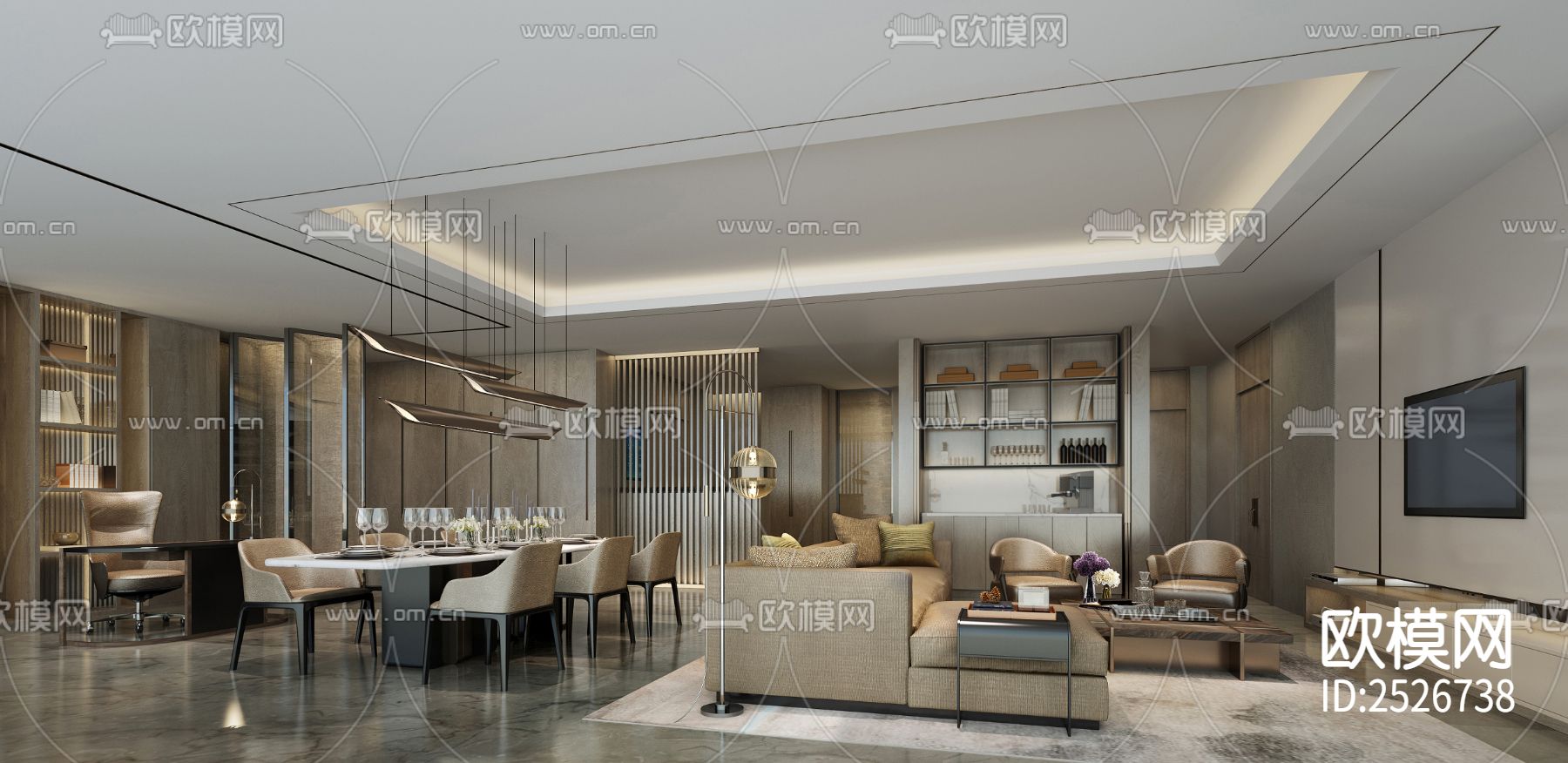 中式家装大平层CAD施工图下载（渲染图6）