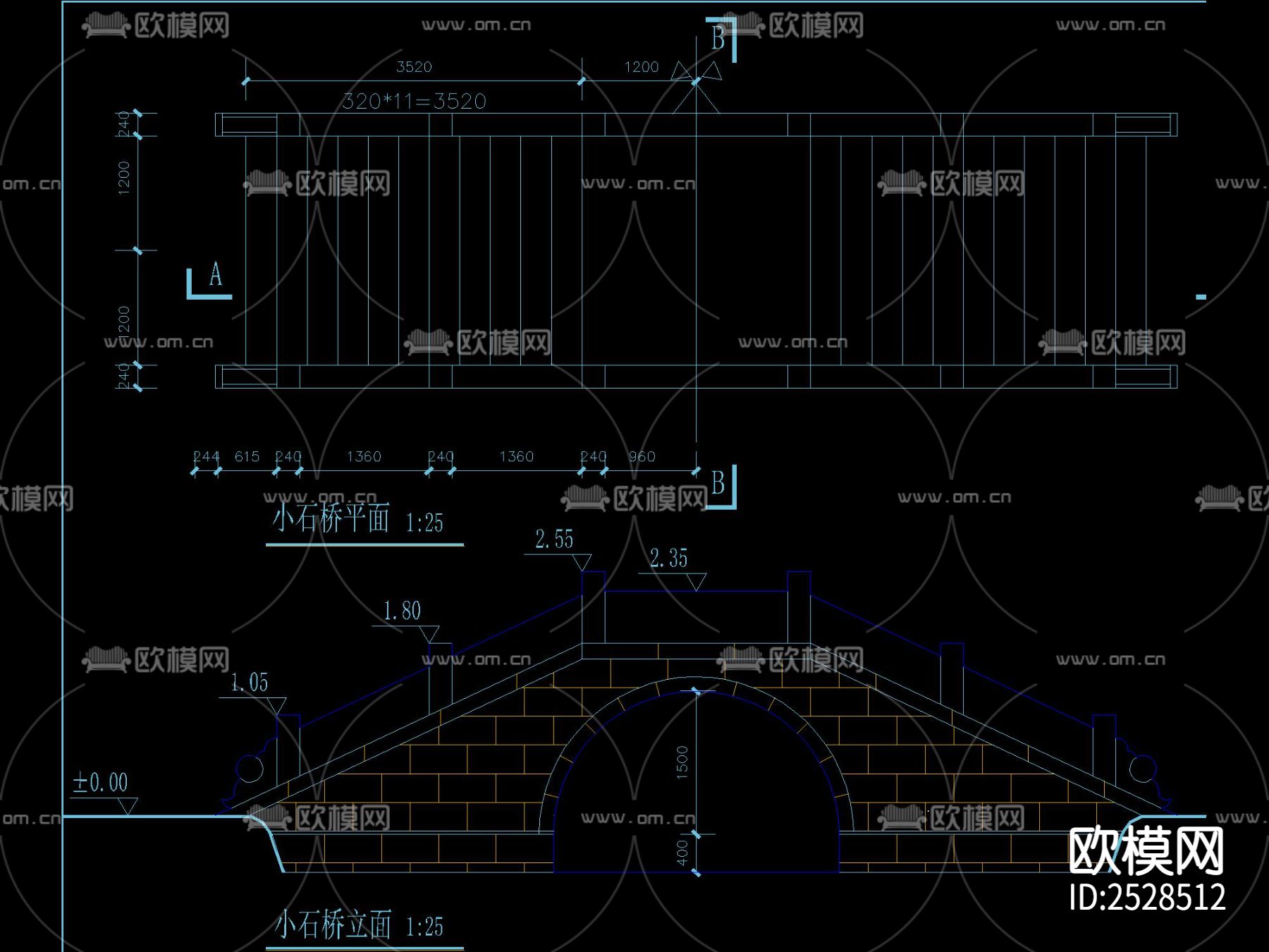 中式单拱石桥CAD节点大样下载（渲染图2）