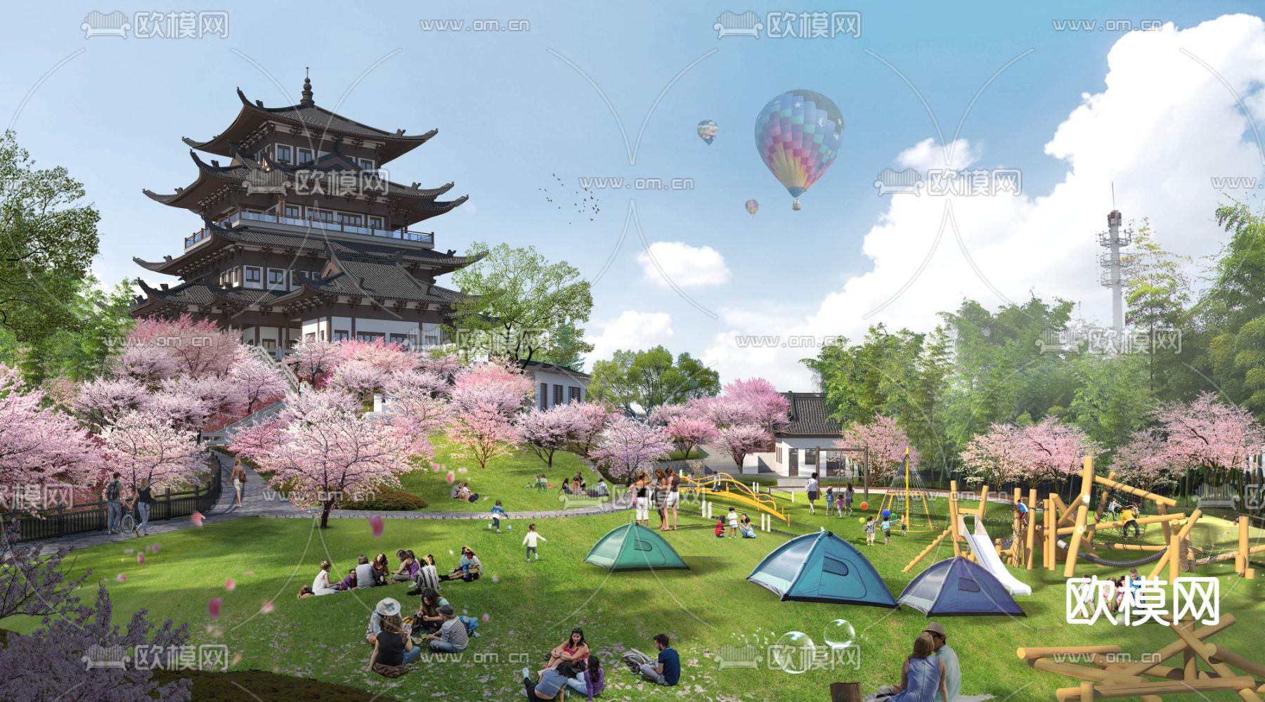 樱花公园 露营地 塔楼psd下载