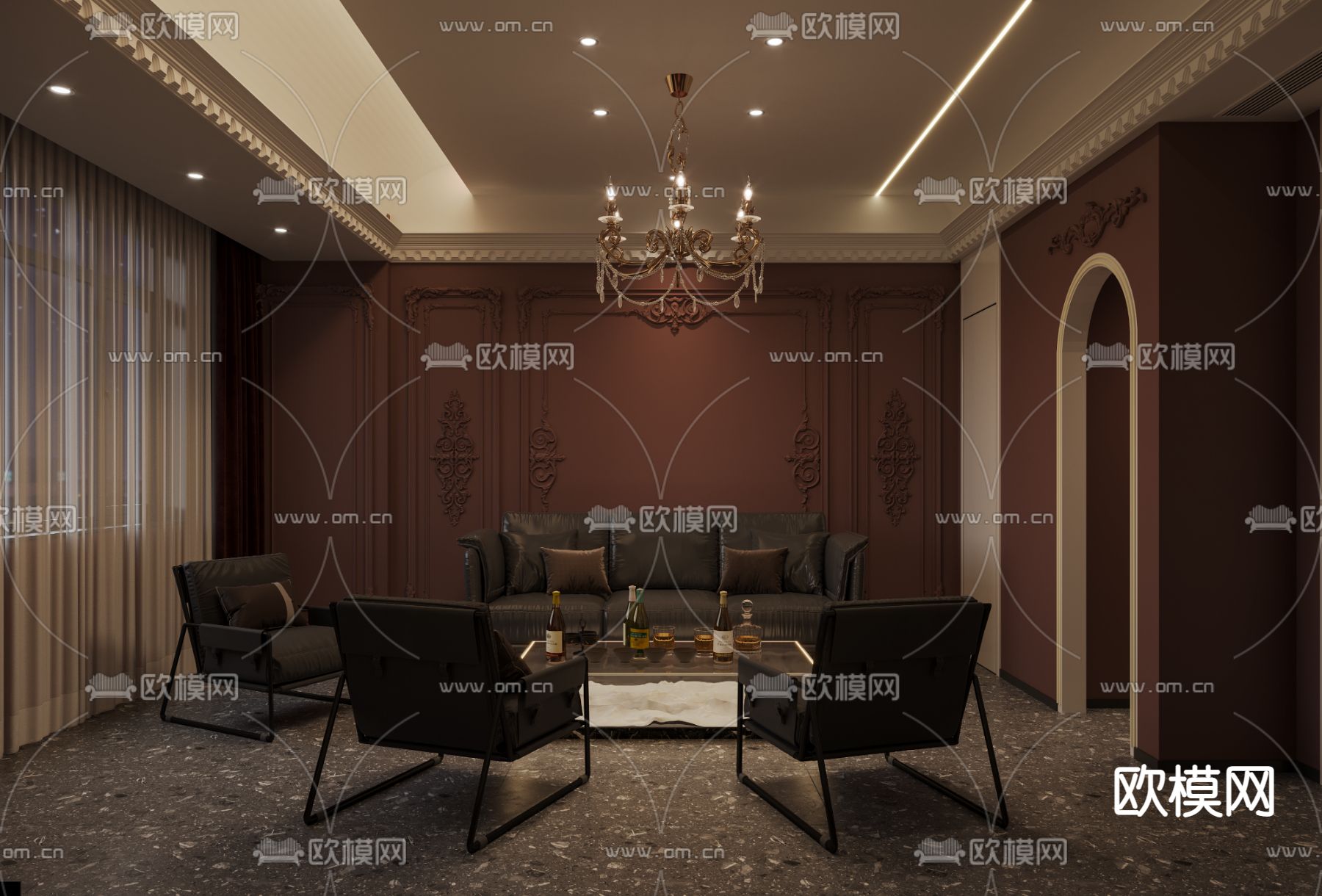 简欧品酒室免费3d模型下载（渲染图1）