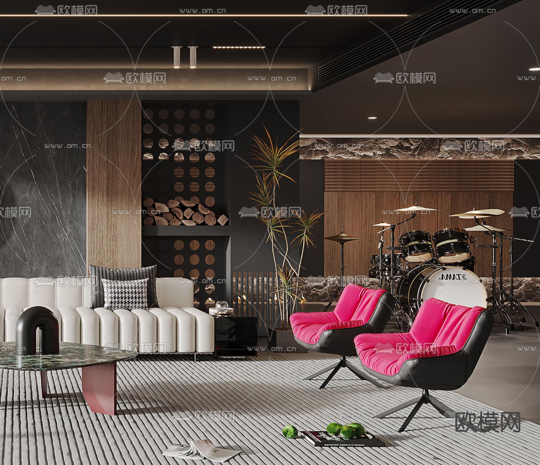 暗黑风客厅3d模型下载（渲染图2）