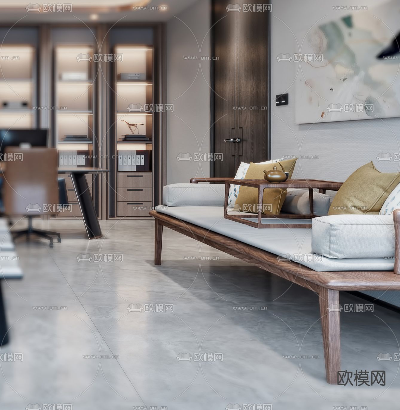新中式总经理室 董事长室3d模型下载（渲染图3）