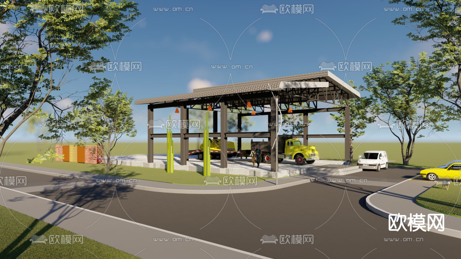 工业园铁棚 钢架大棚su模型下载（渲染图3）