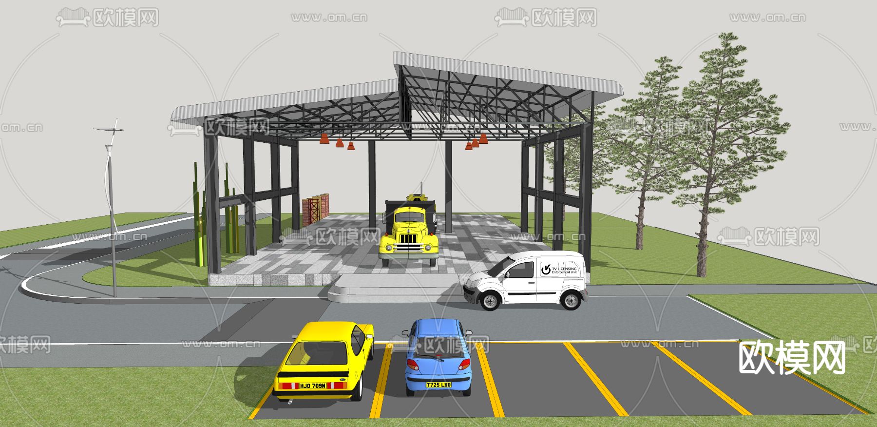 工业园铁棚 钢架大棚su模型下载（渲染图4）