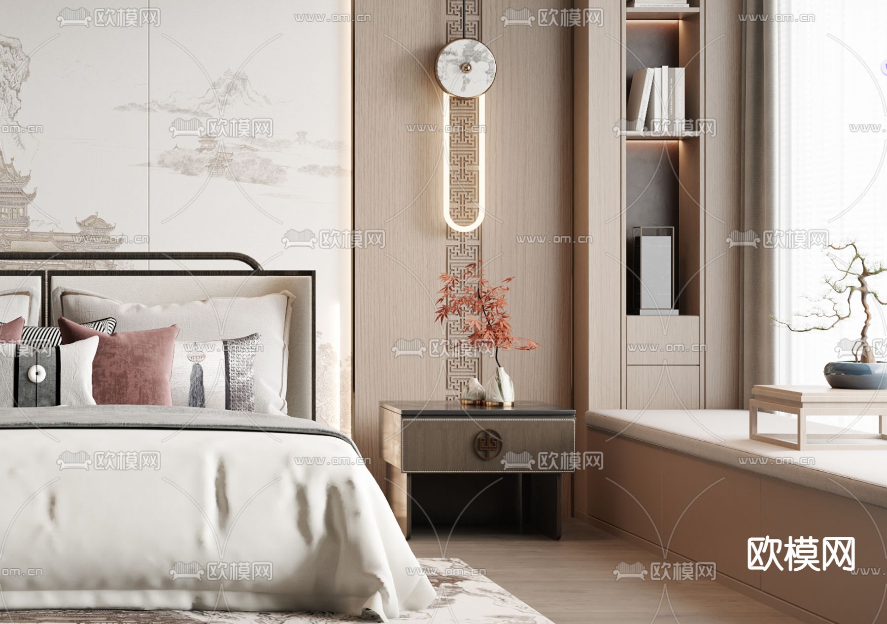 新中式卧室 主人房3d模型下载（渲染图3）