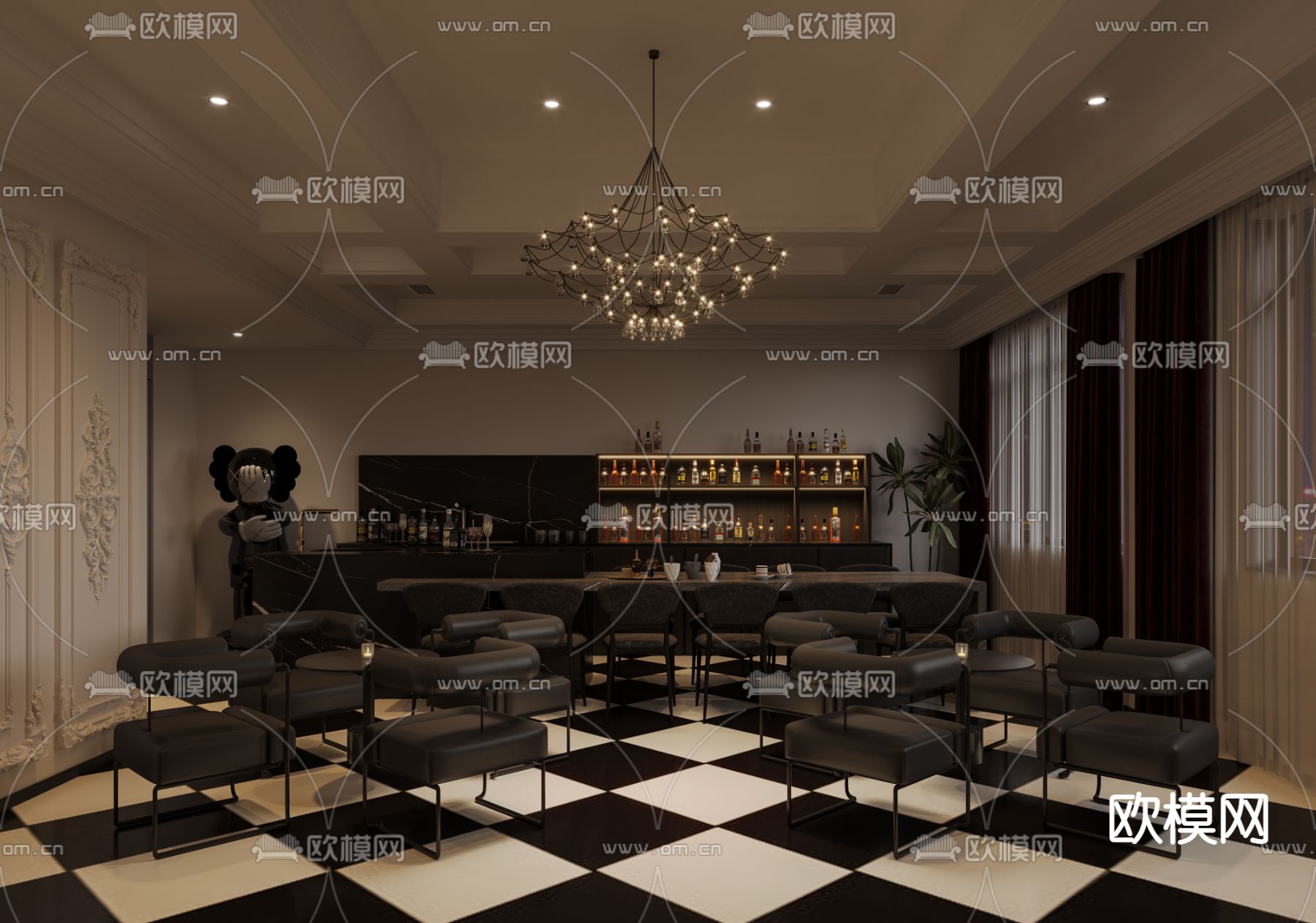 法式酒吧室免费3d模型下载（渲染图1）