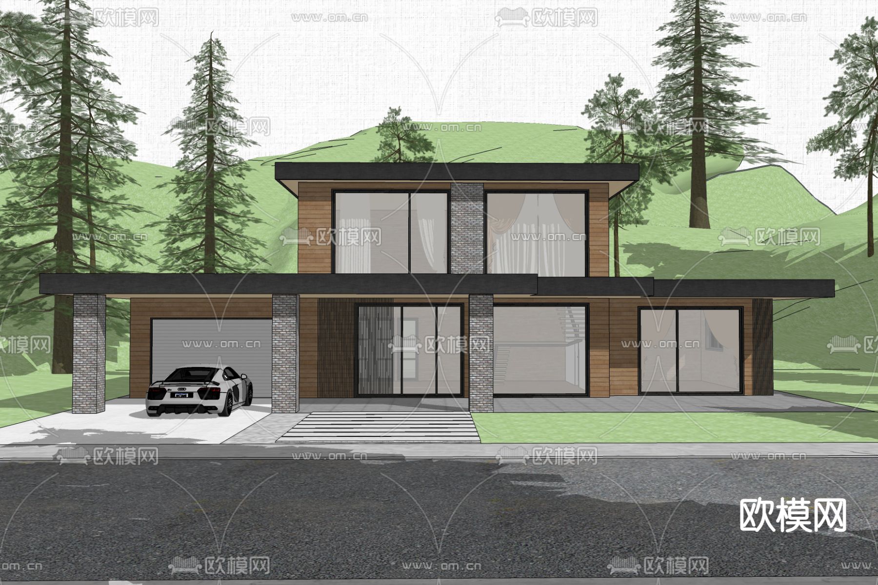 现代独栋别墅 林间别墅su模型下载（渲染图3）