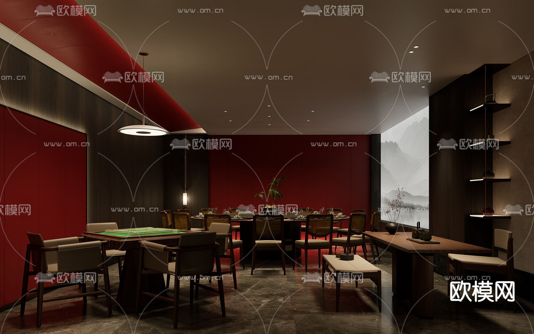 新中式餐饮包厢 麻将房su模型下载（渲染图1）