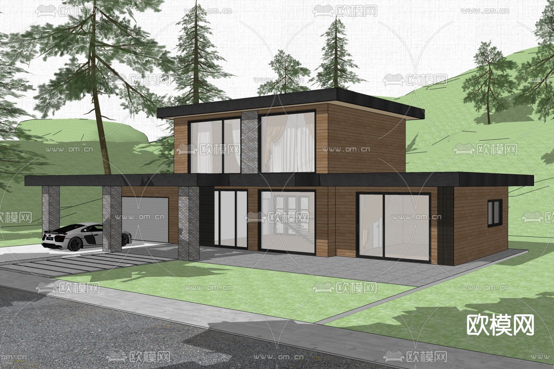 现代独栋别墅 林间别墅su模型下载（渲染图4）