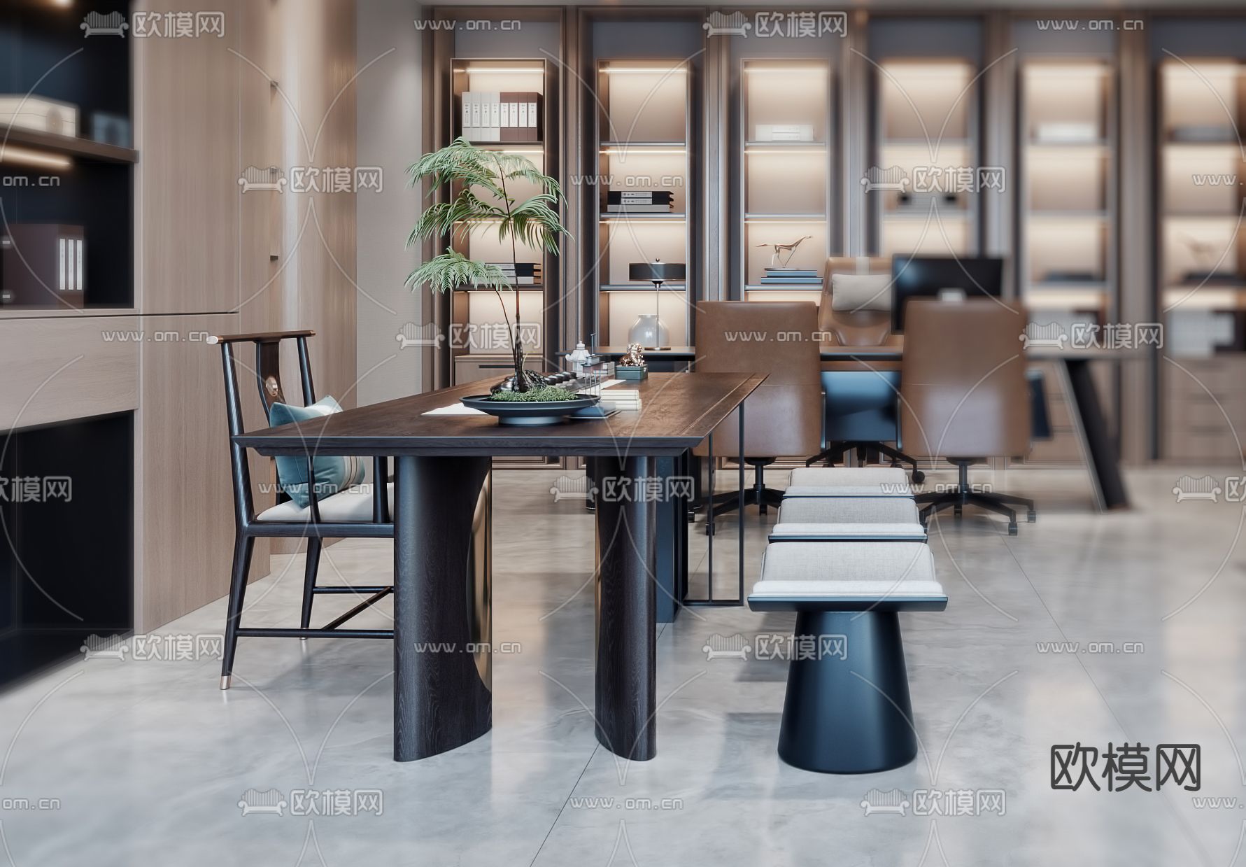 新中式总经理室 董事长室3d模型下载（渲染图2）