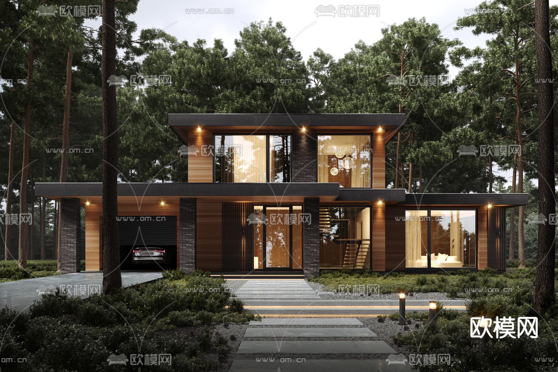 现代独栋别墅 林间别墅su模型下载（渲染图1）