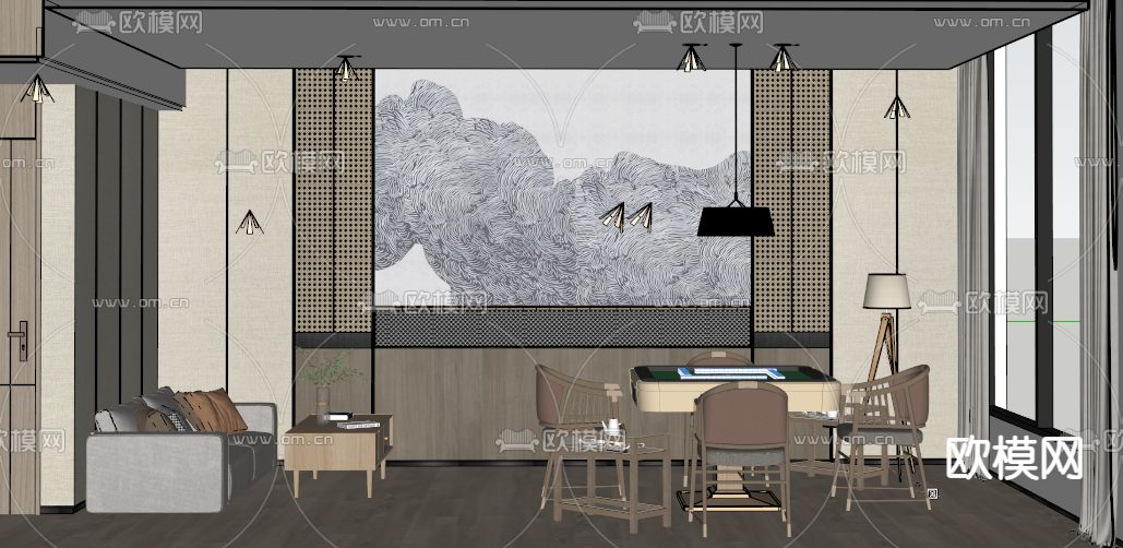 新中式棋牌室su模型下载（渲染图2）