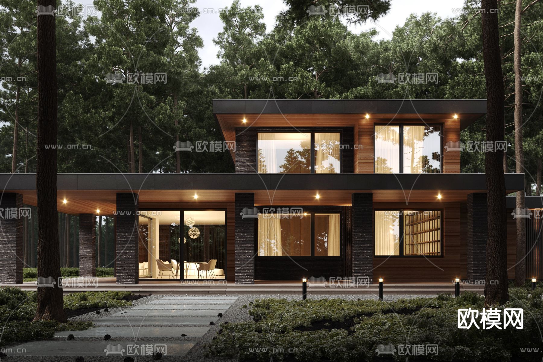 现代独栋别墅 林间别墅su模型下载（渲染图2）