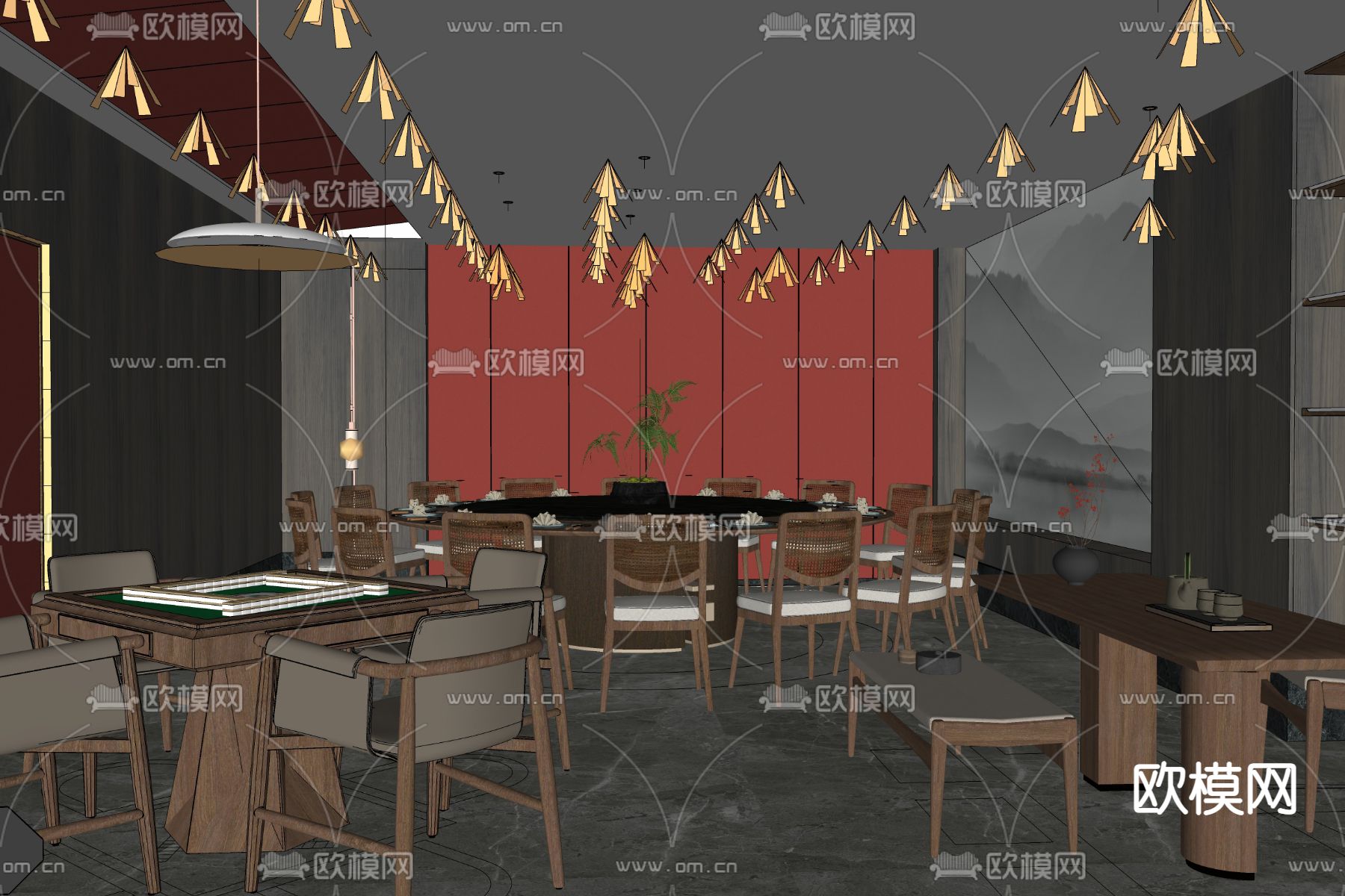 新中式餐饮包厢 麻将房su模型下载（渲染图2）