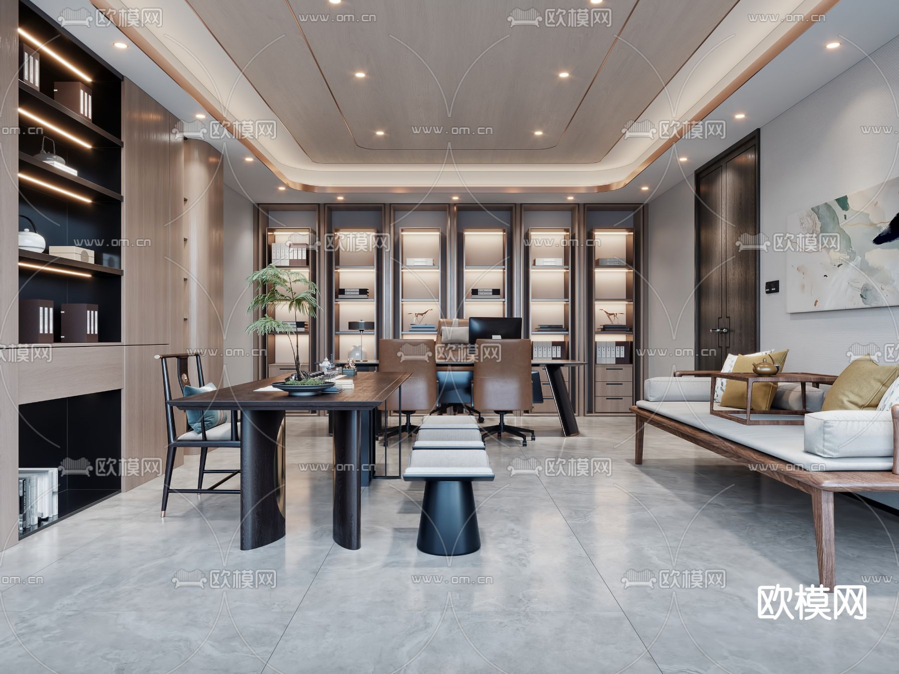新中式总经理室 董事长室3d模型下载（渲染图1）