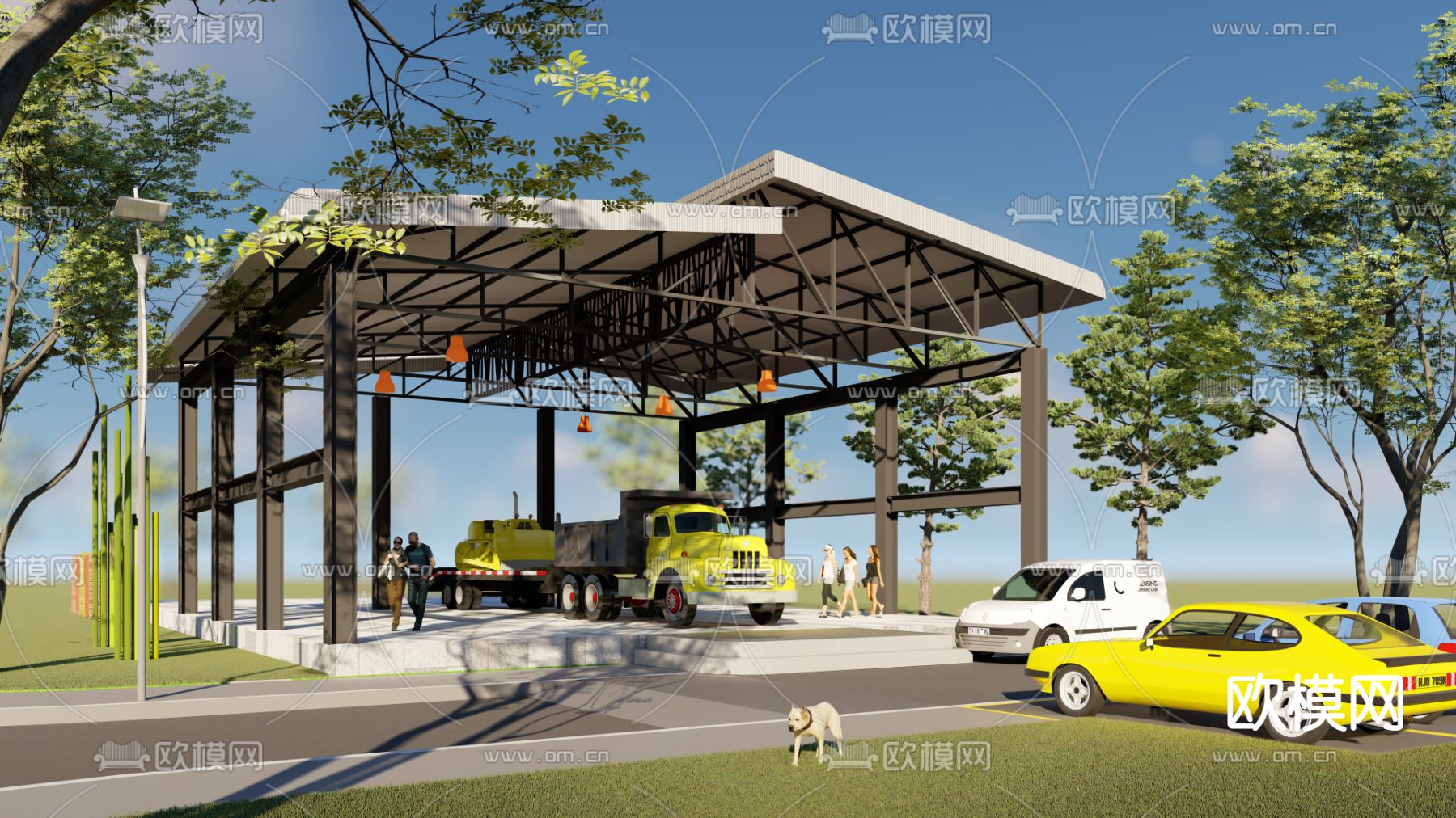 工业园铁棚 钢架大棚su模型下载（渲染图1）